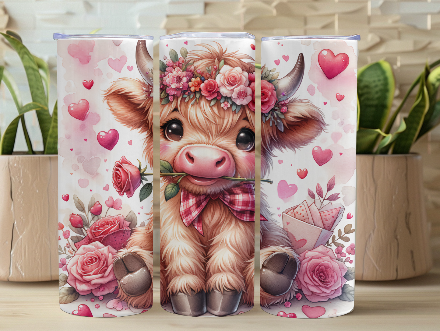 Valentine Highland Cow W/Roses 20oz Tumbler