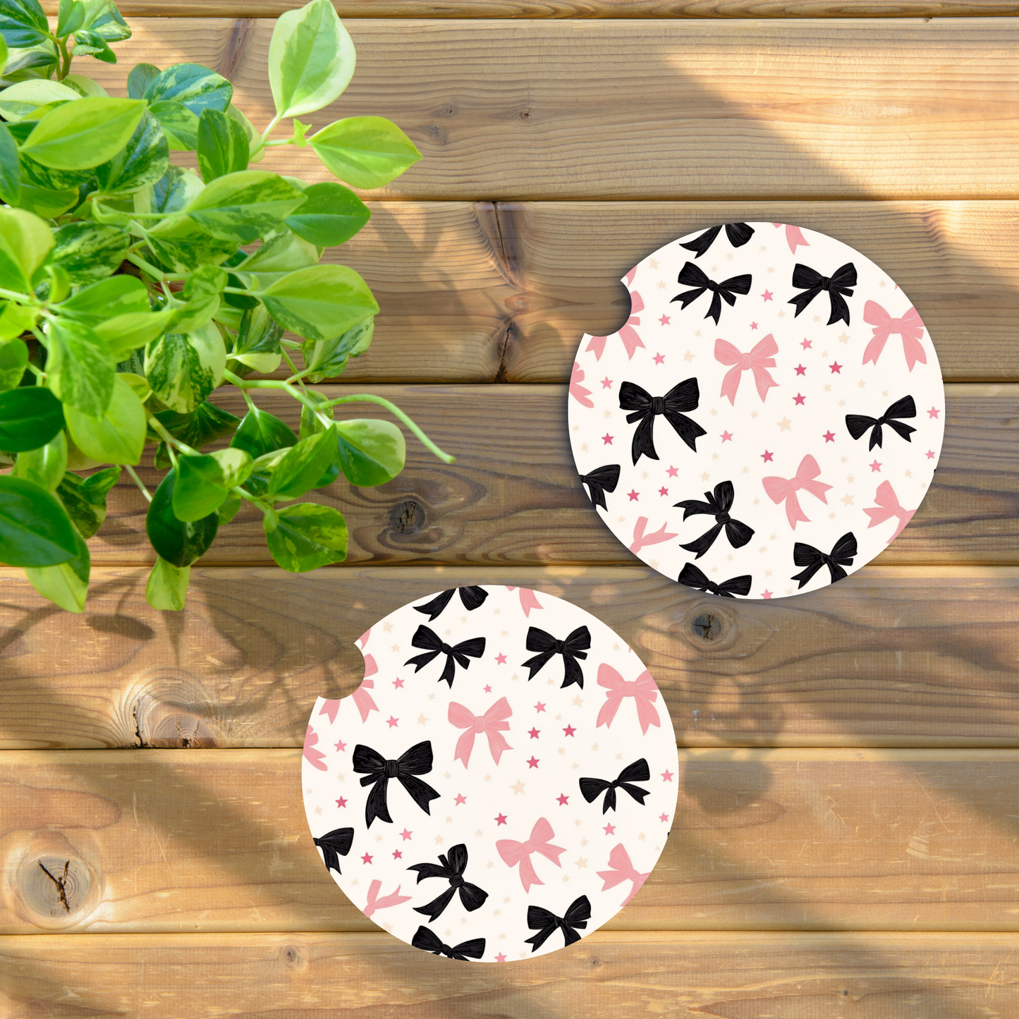 Pink & Black Coquette Bow Car Coaster