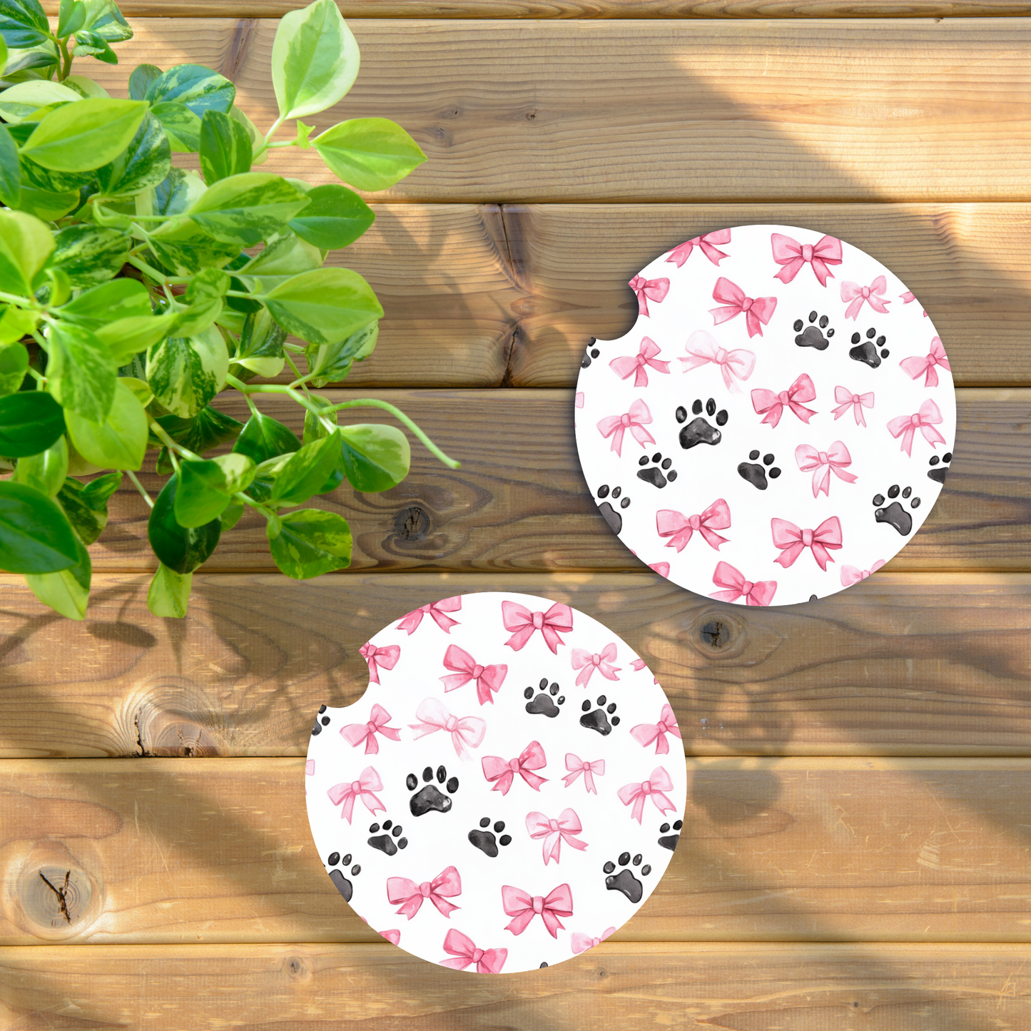 Pink Coquette Bow & Dog Paws Car Coaster