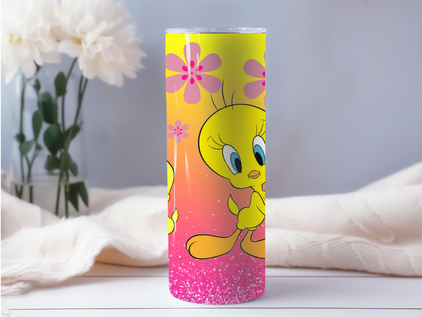 Little Yellow Cartoon Bird W/Flowers 20oz Tumbler