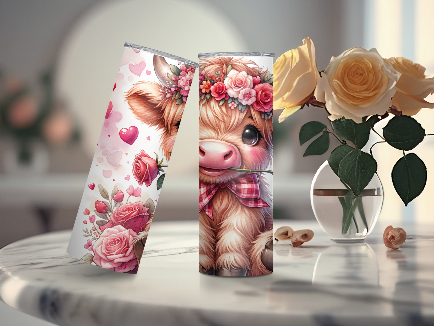 Valentine Highland Cow W/Roses 20oz Tumbler