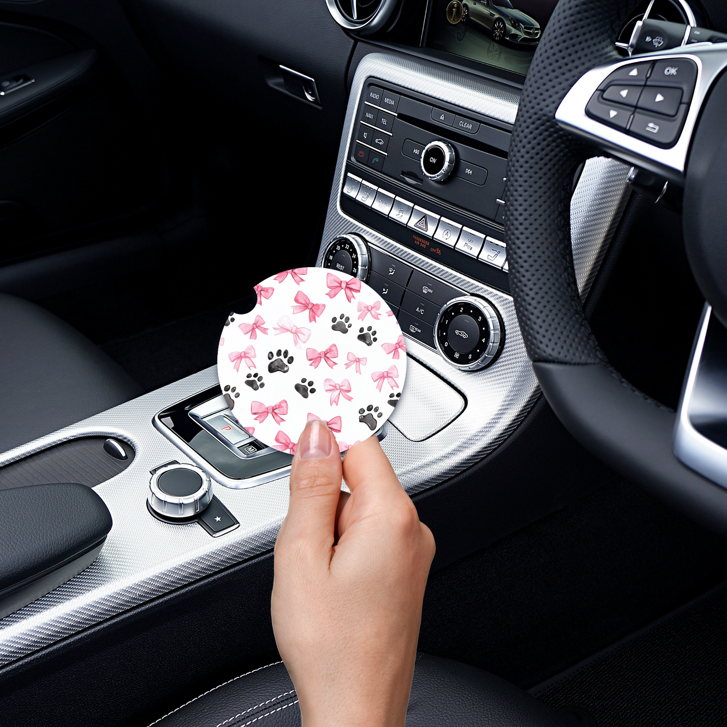 Pink Coquette Bow & Dog Paws Car Coaster