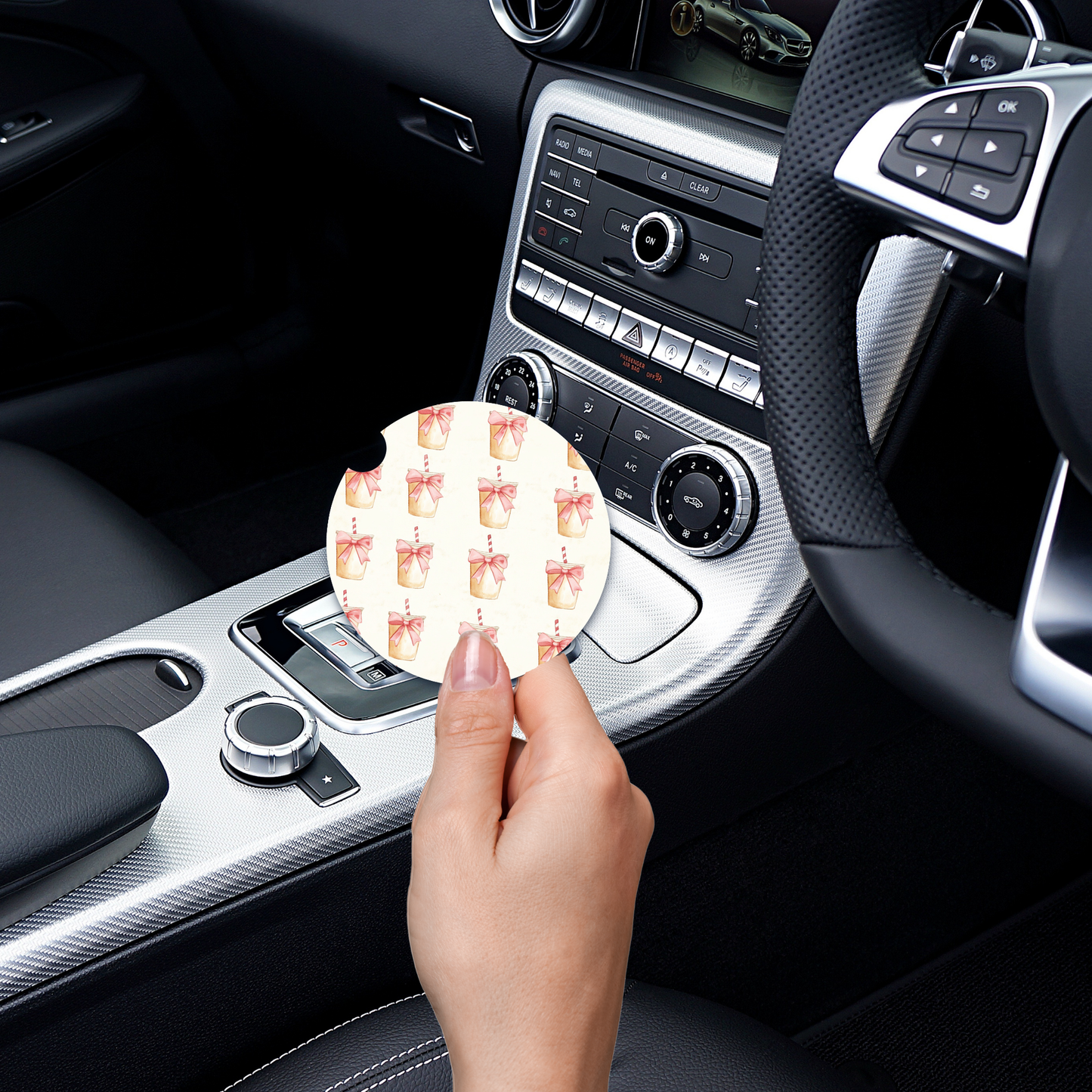 Pink Coquette Bow & Iced Coffee Car Coaster