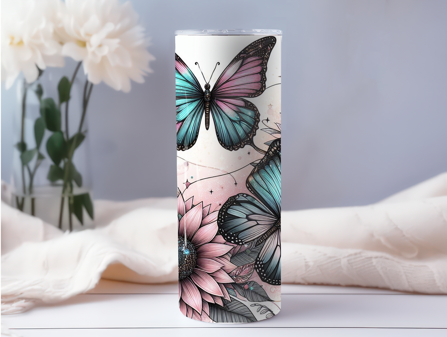 Pink Sunflowers W/Butterflies 20oz Tumbler