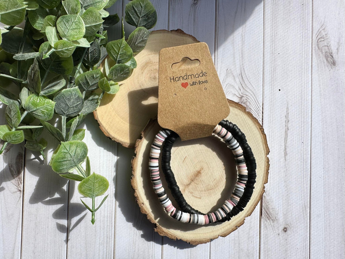 Black & Pink/White/Gray/Black Mix Heishi Bead Bracelet Set