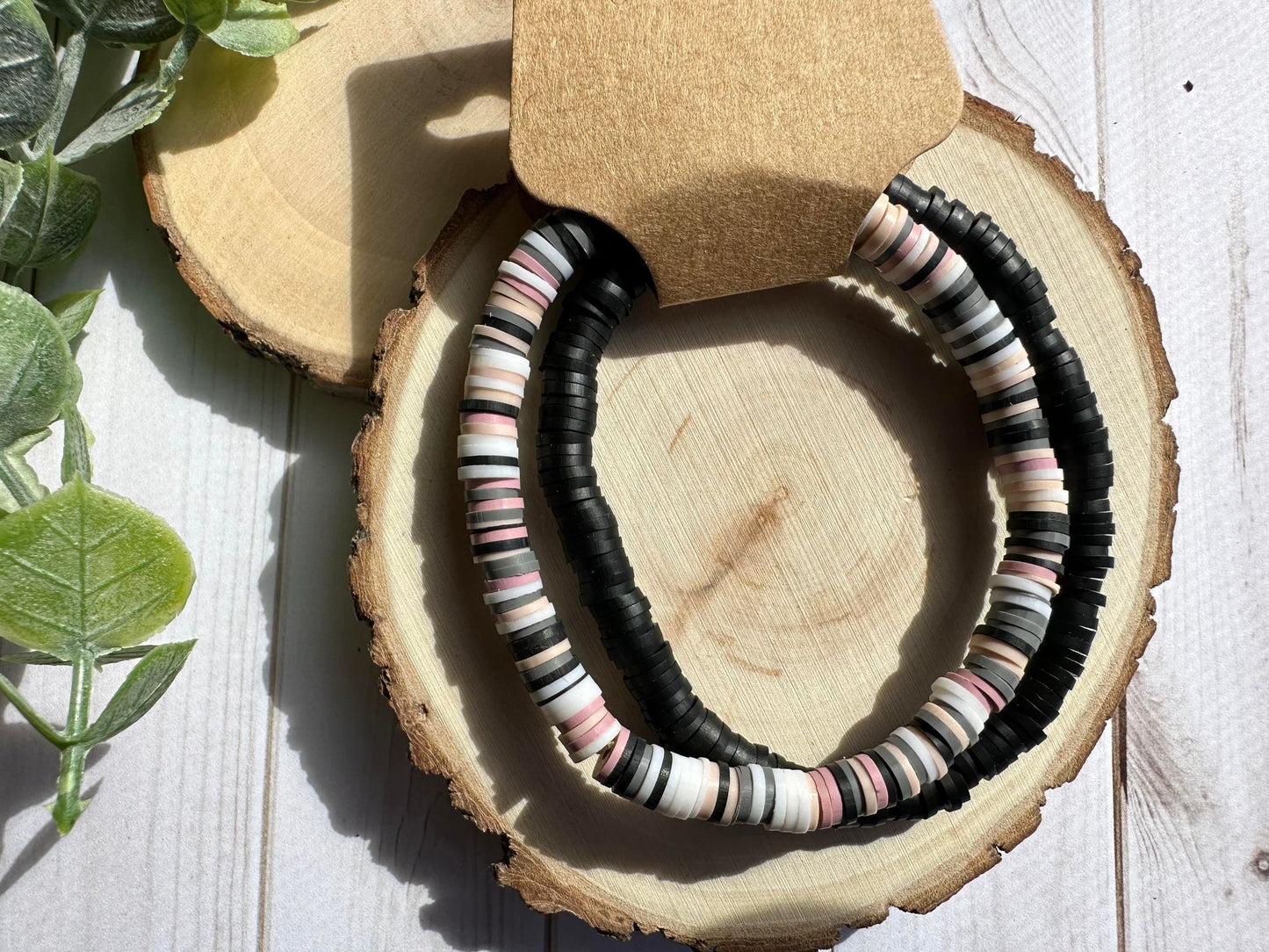 Black & Pink/White/Gray/Black Mix Heishi Bead Bracelet Set
