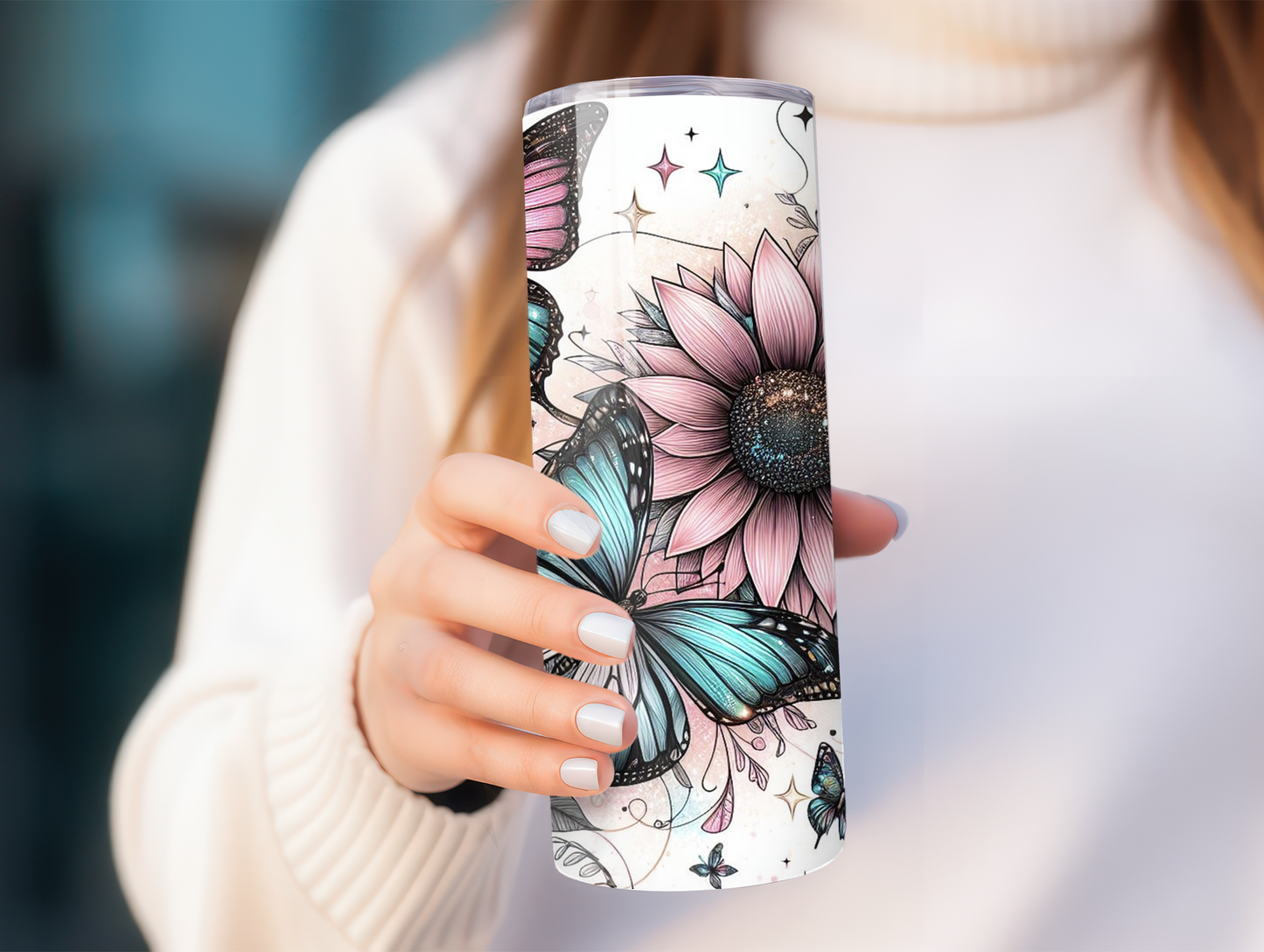 Pink Sunflowers W/Butterflies 20oz Tumbler
