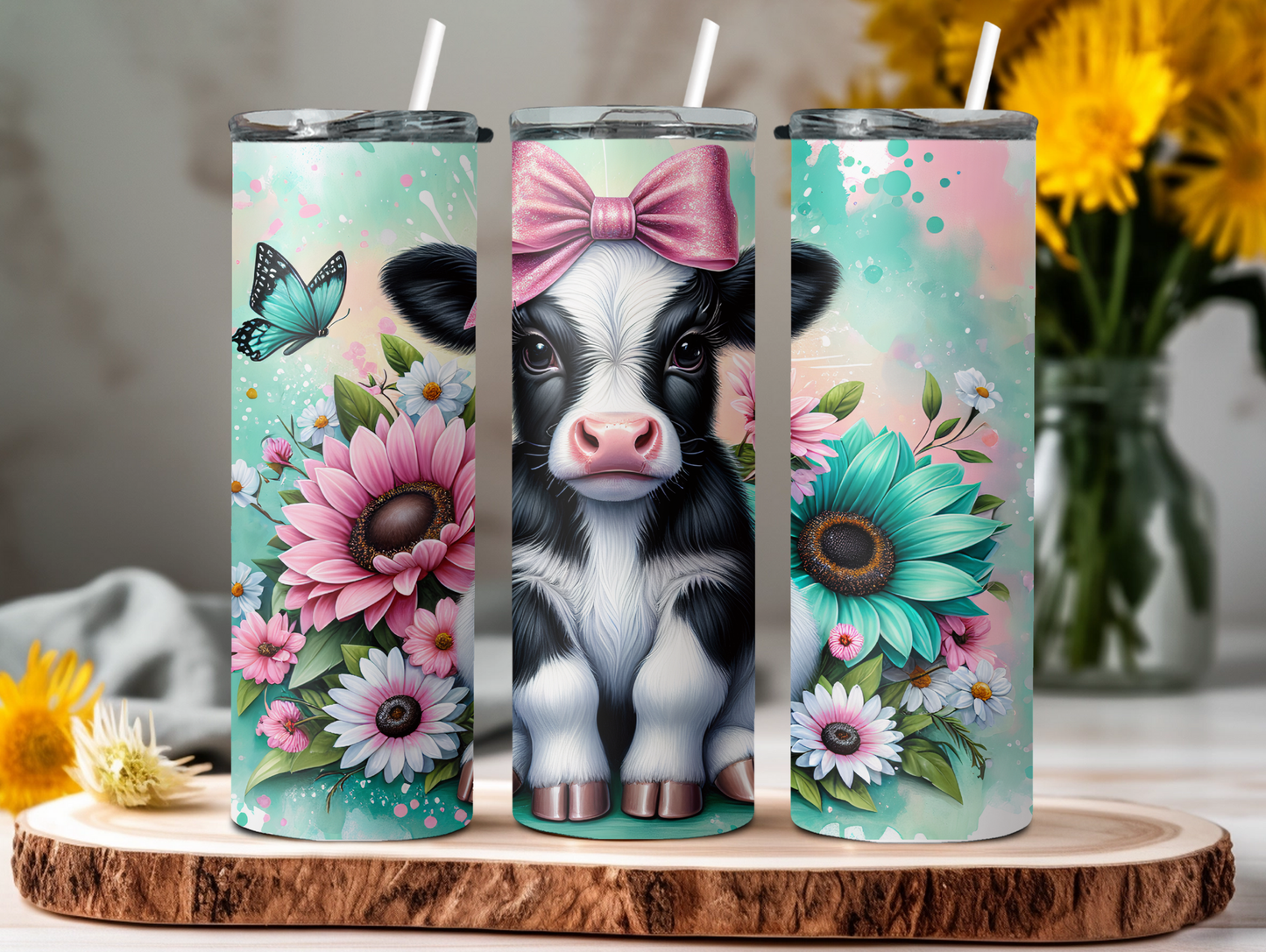 Highland Cow W/Teal Daisies