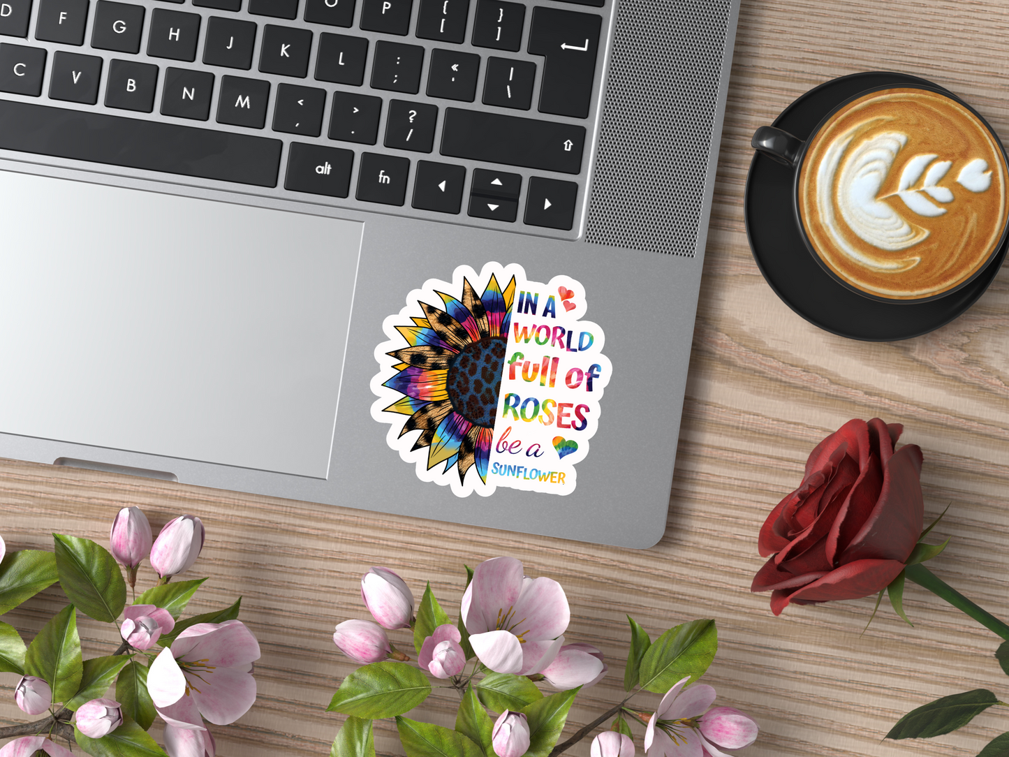 In A World Of Roses Be A Sunflower Sticker