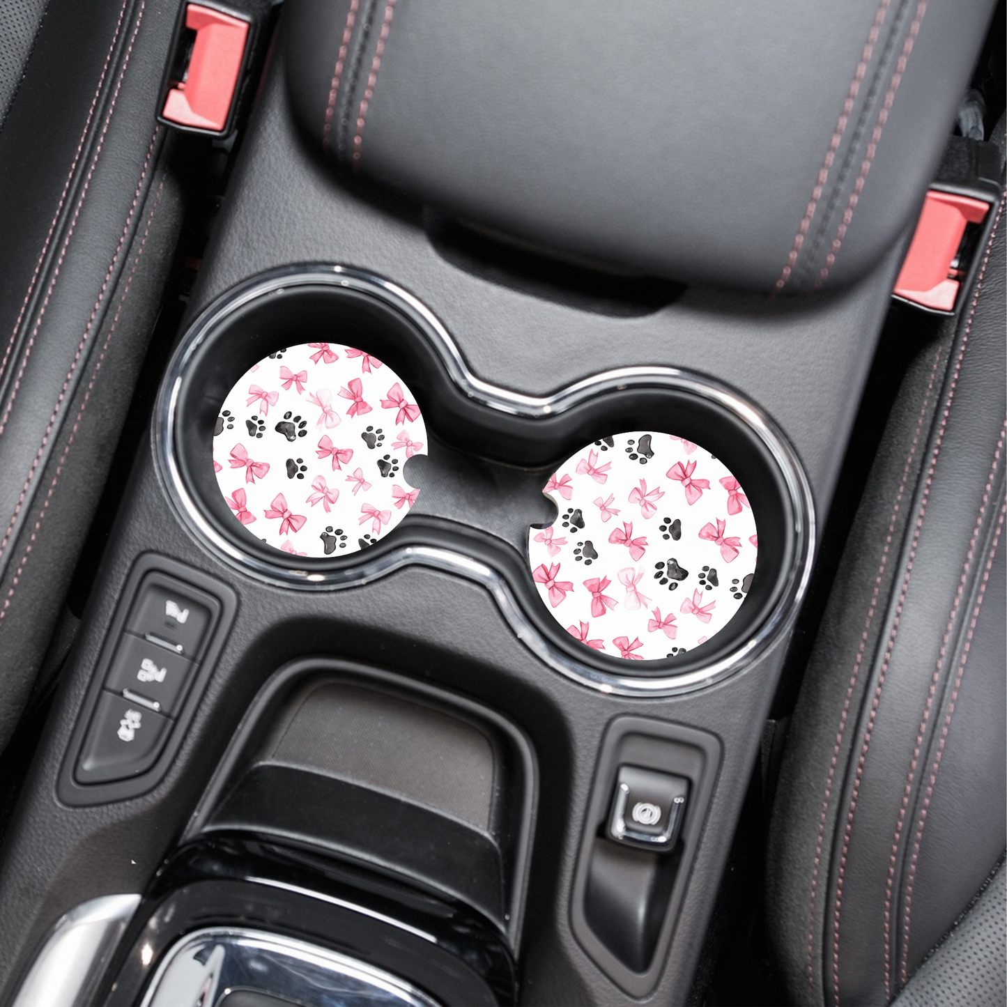 Pink Coquette Bow & Dog Paws Car Coaster