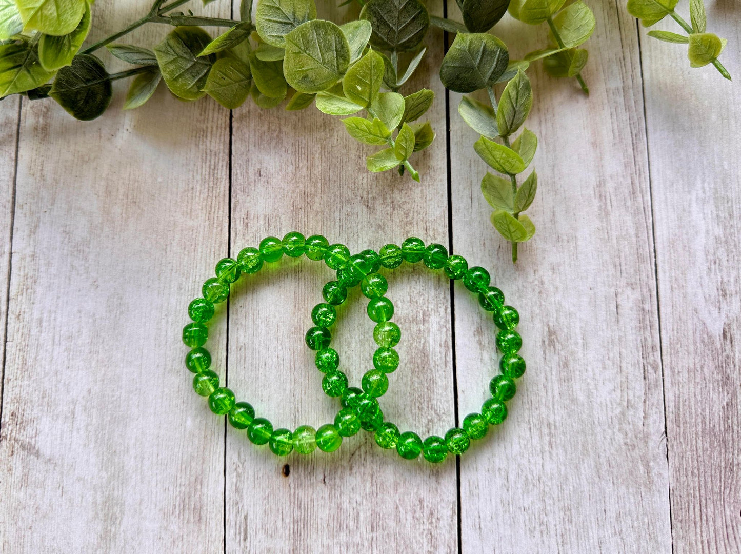 Dark Green Clear Glass Beaded Stretch Bracelet