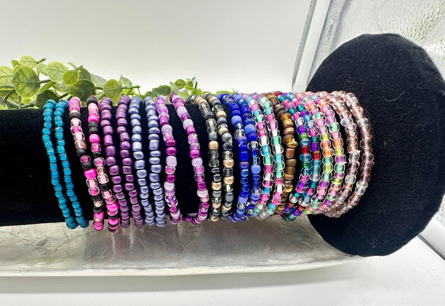Metallic Blue Seed Bead Stretch Bracelet
