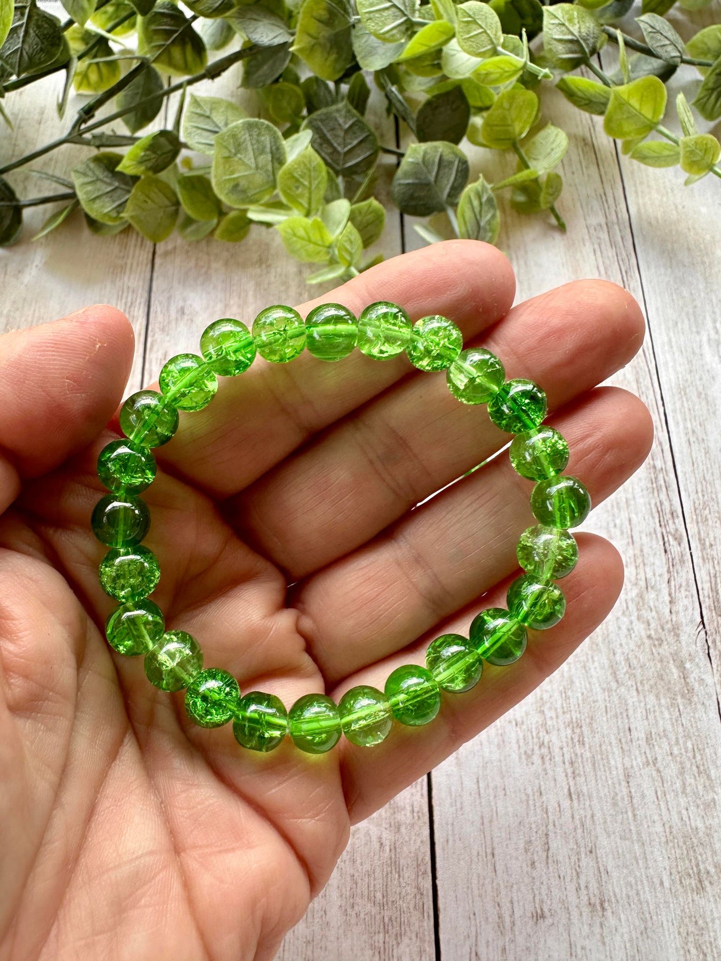 Dark Green Clear Glass Beaded Stretch Bracelet