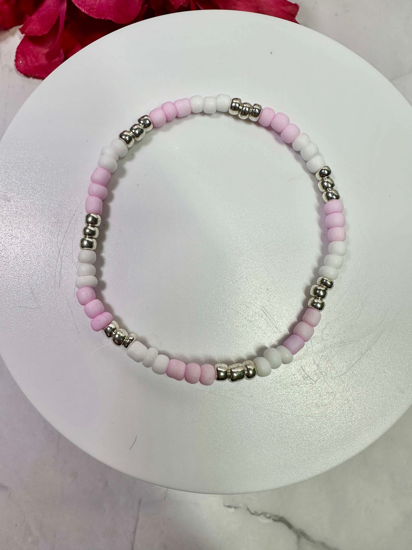 Matte Pink/White Seed Bead Bracelet