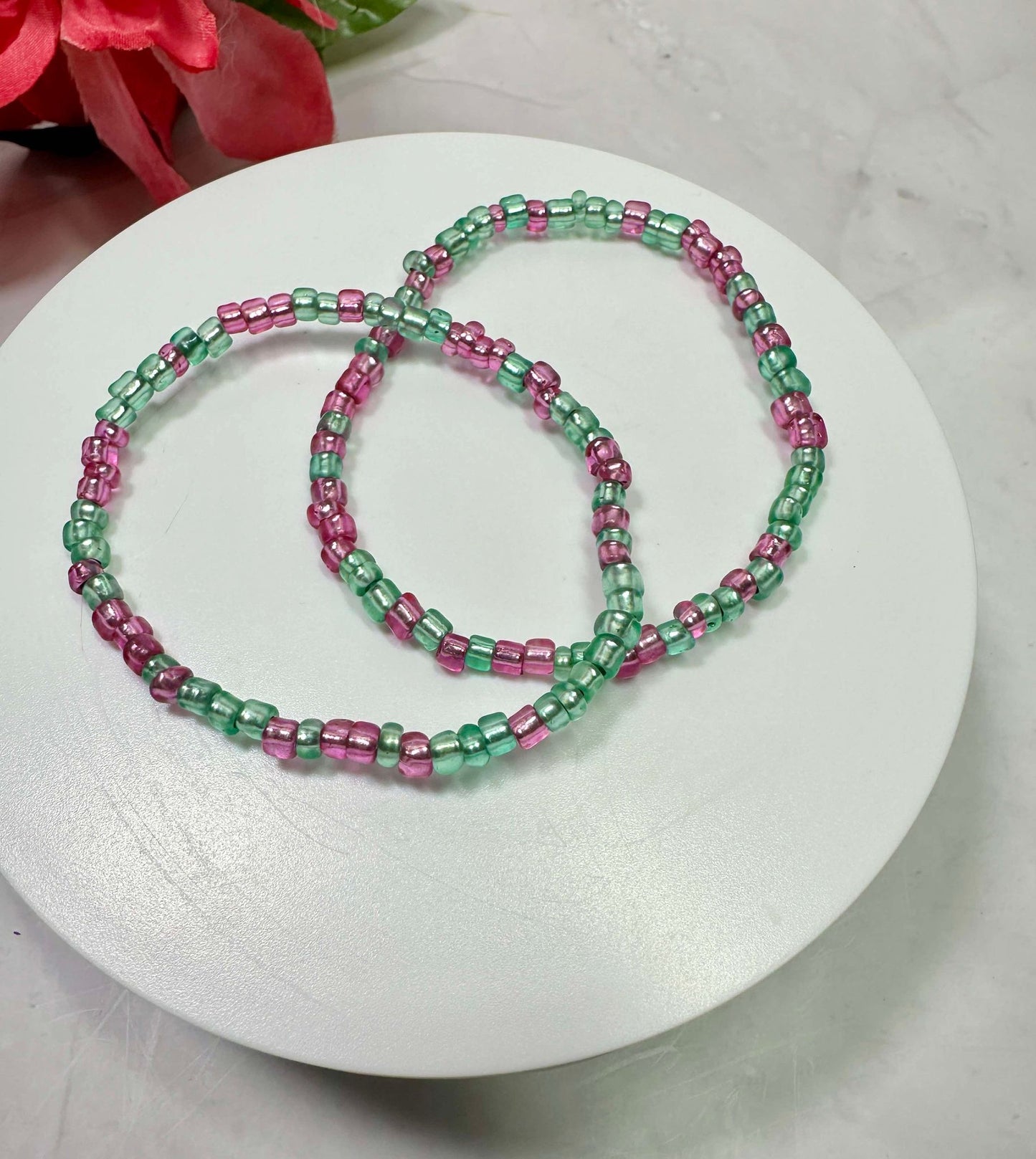 Translucent Pink & Green Seed Bead Bracelet