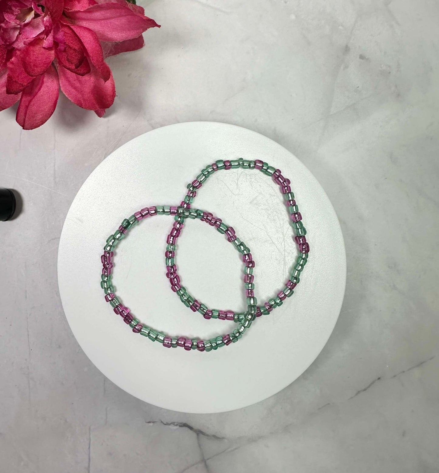 Translucent Pink & Green Seed Bead Bracelet