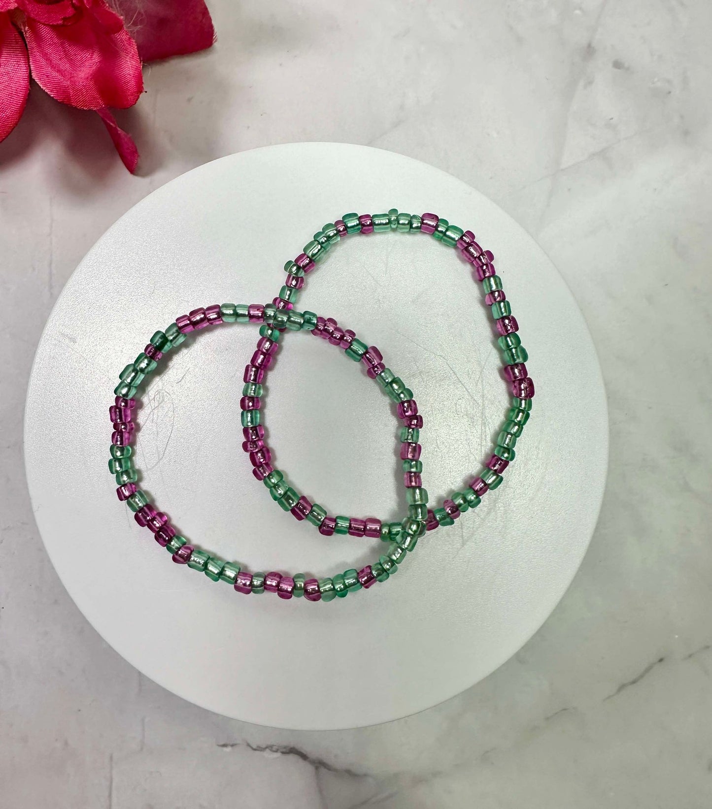 Translucent Pink & Green Seed Bead Bracelet