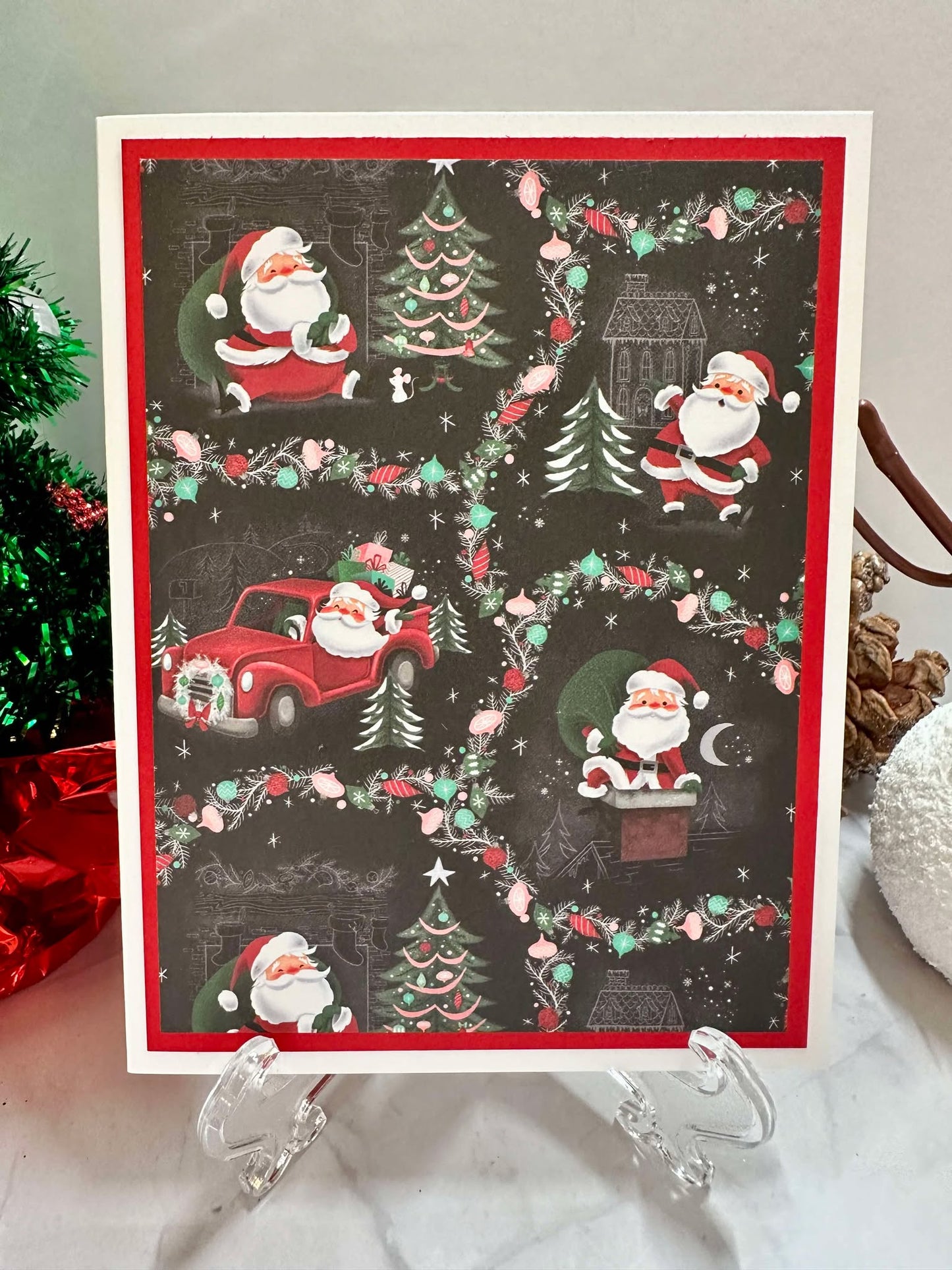 Christmas Santa's w/Black Background Blank Notecards