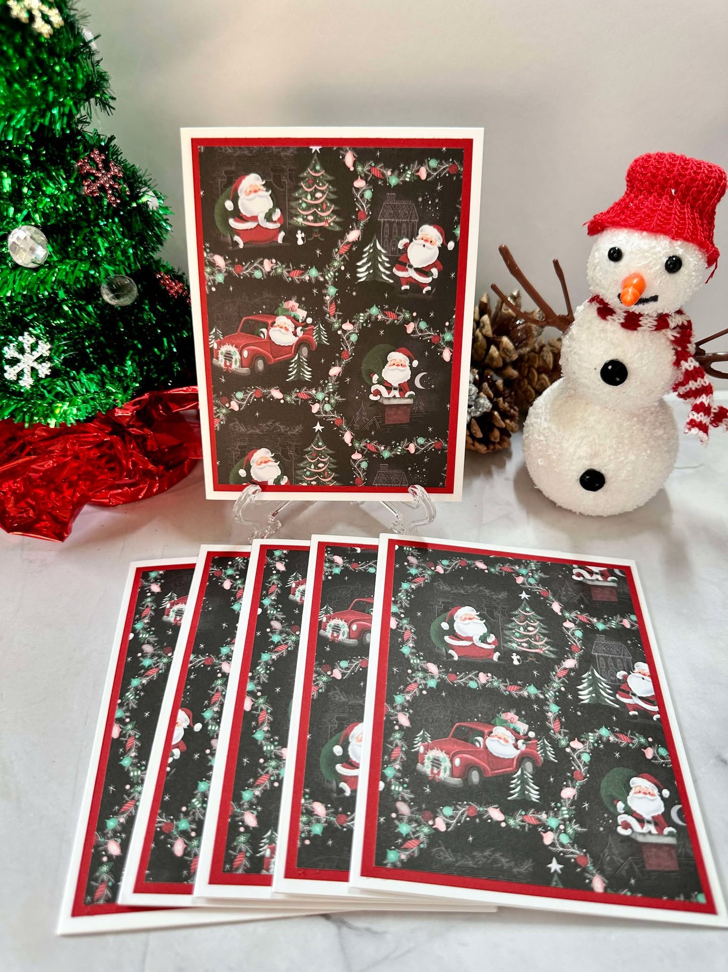Christmas Santa's w/Black Background Blank Notecards