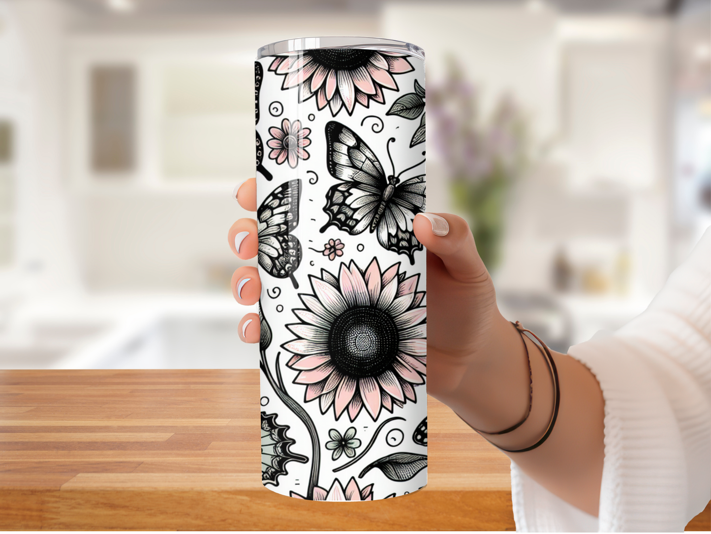 Pink & Black Sunflower and Butterfly 20oz Tumbler