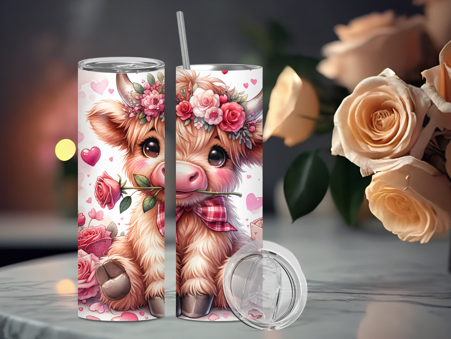 Valentine Highland Cow W/Roses 20oz Tumbler
