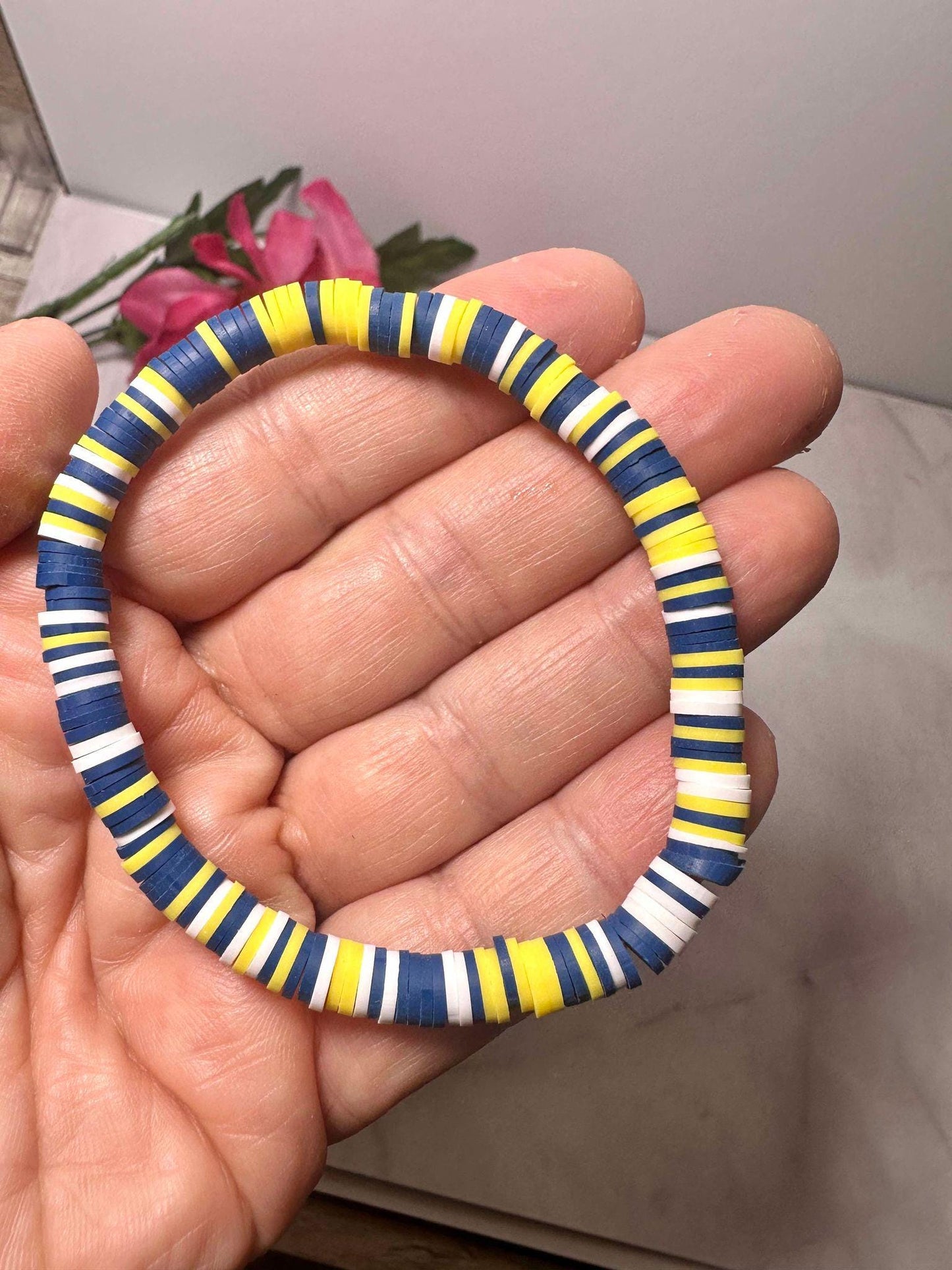 Single Strand Navy Yellow White Heishi Bracelet