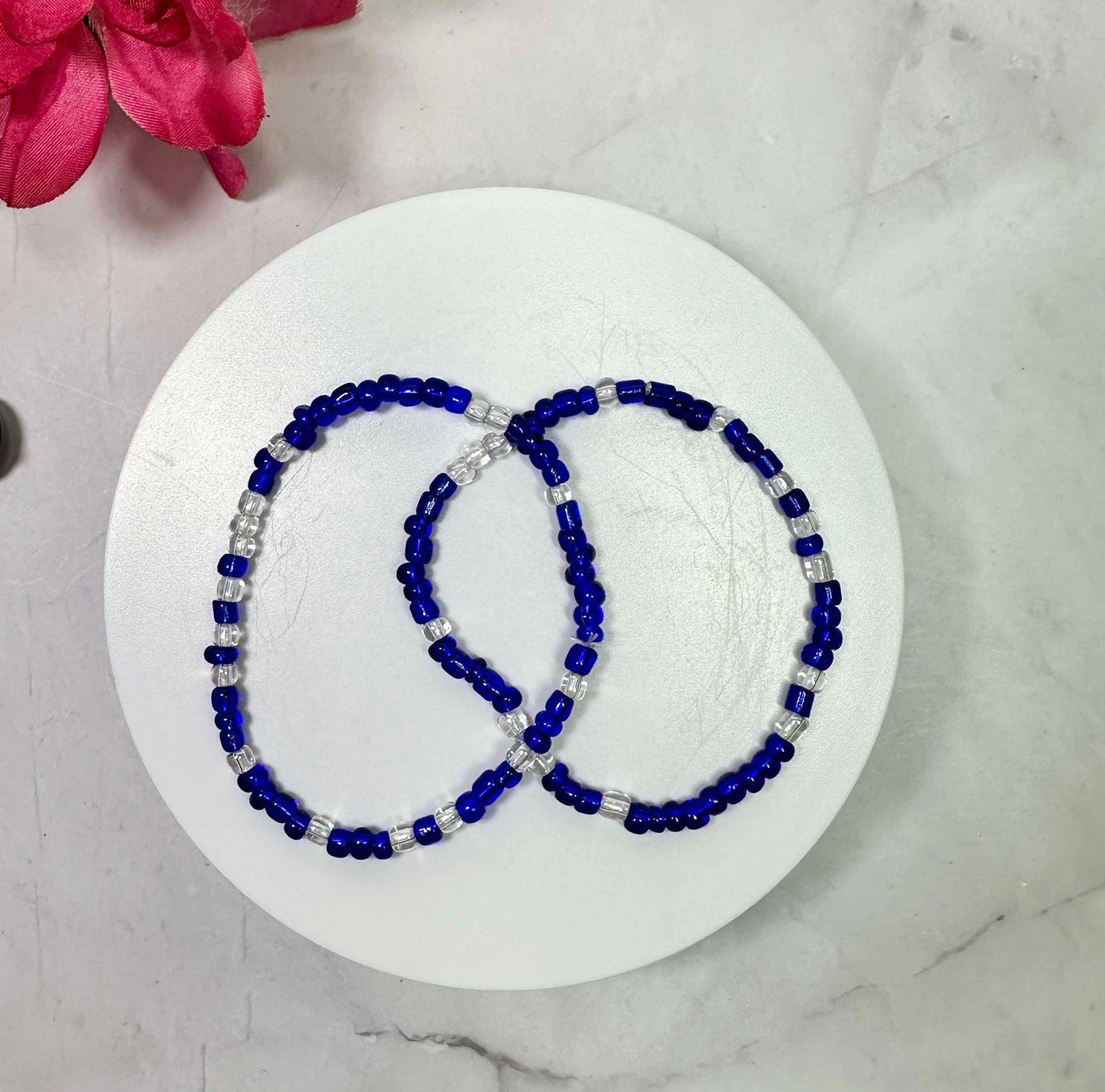 Single Strand Translucent Blue & Clear Seed Bead Bracelet