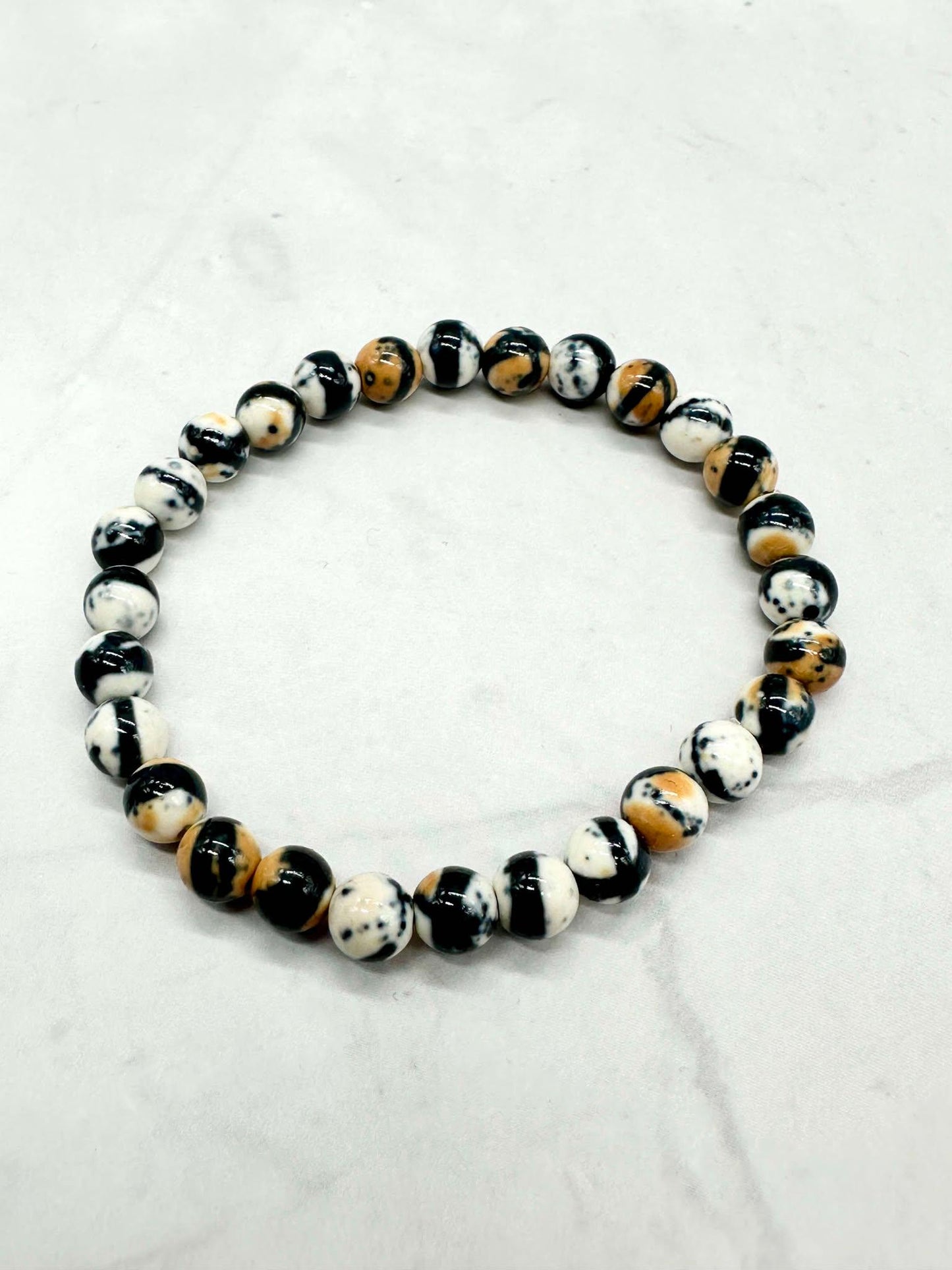 Single Strand Marble Style Beaded Stretch Bracelet: Black, Brown, White Glass