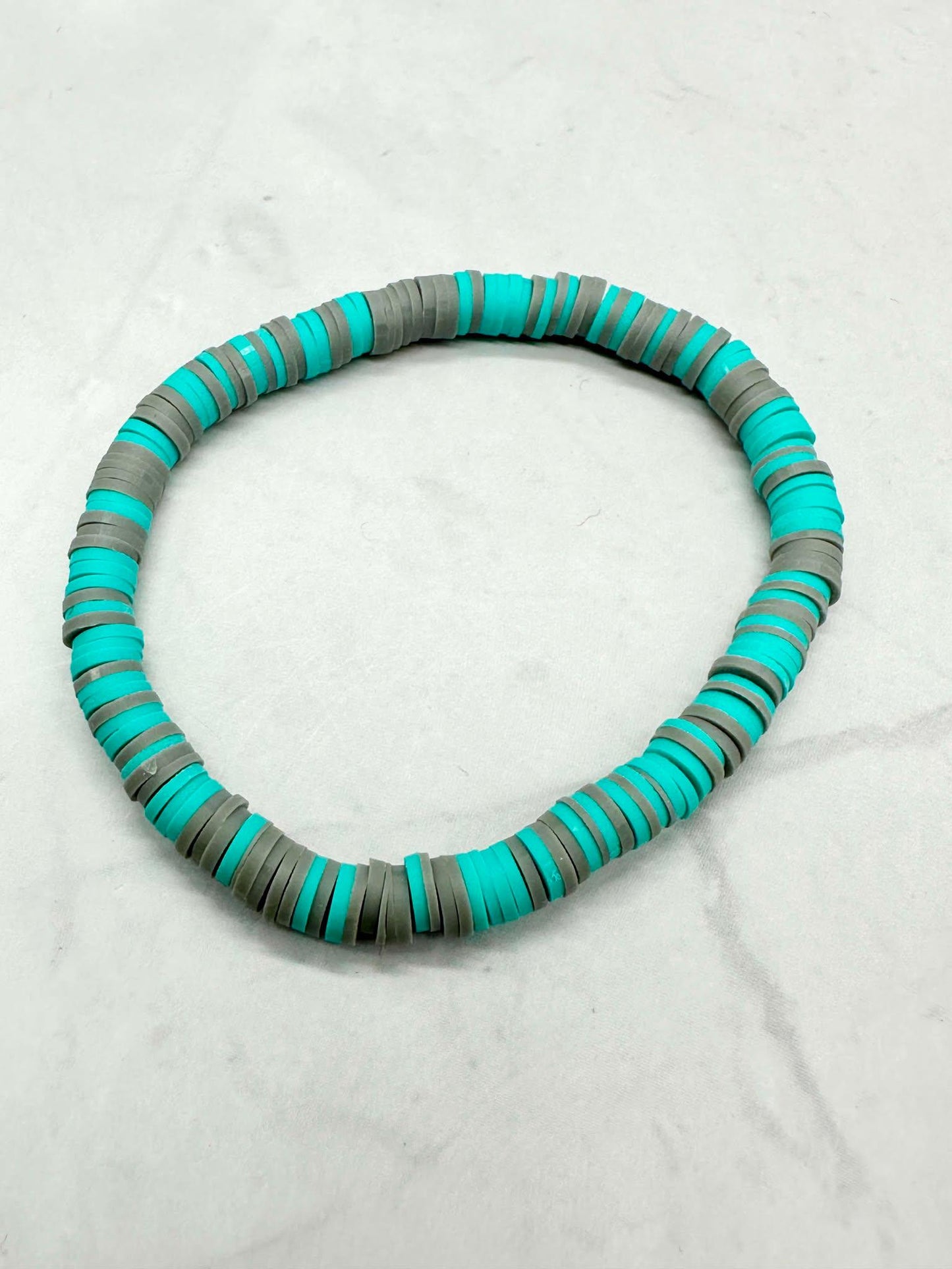 Single Strand Teal & Gray Clay Beaded Stretch Bracelet