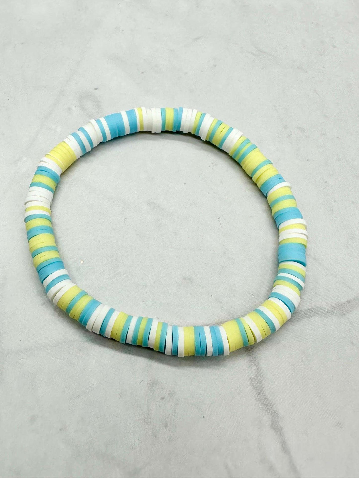 Single Strand Handmade Blue, Yellow & White Clay Beaded Stretch Bracelet