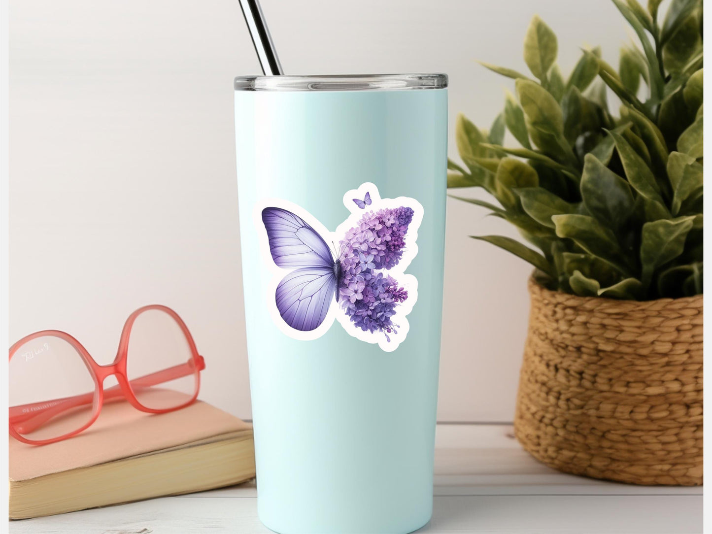 Purple Butterfly & Flowers Sticker: Water Resistant Vinyl Decal
