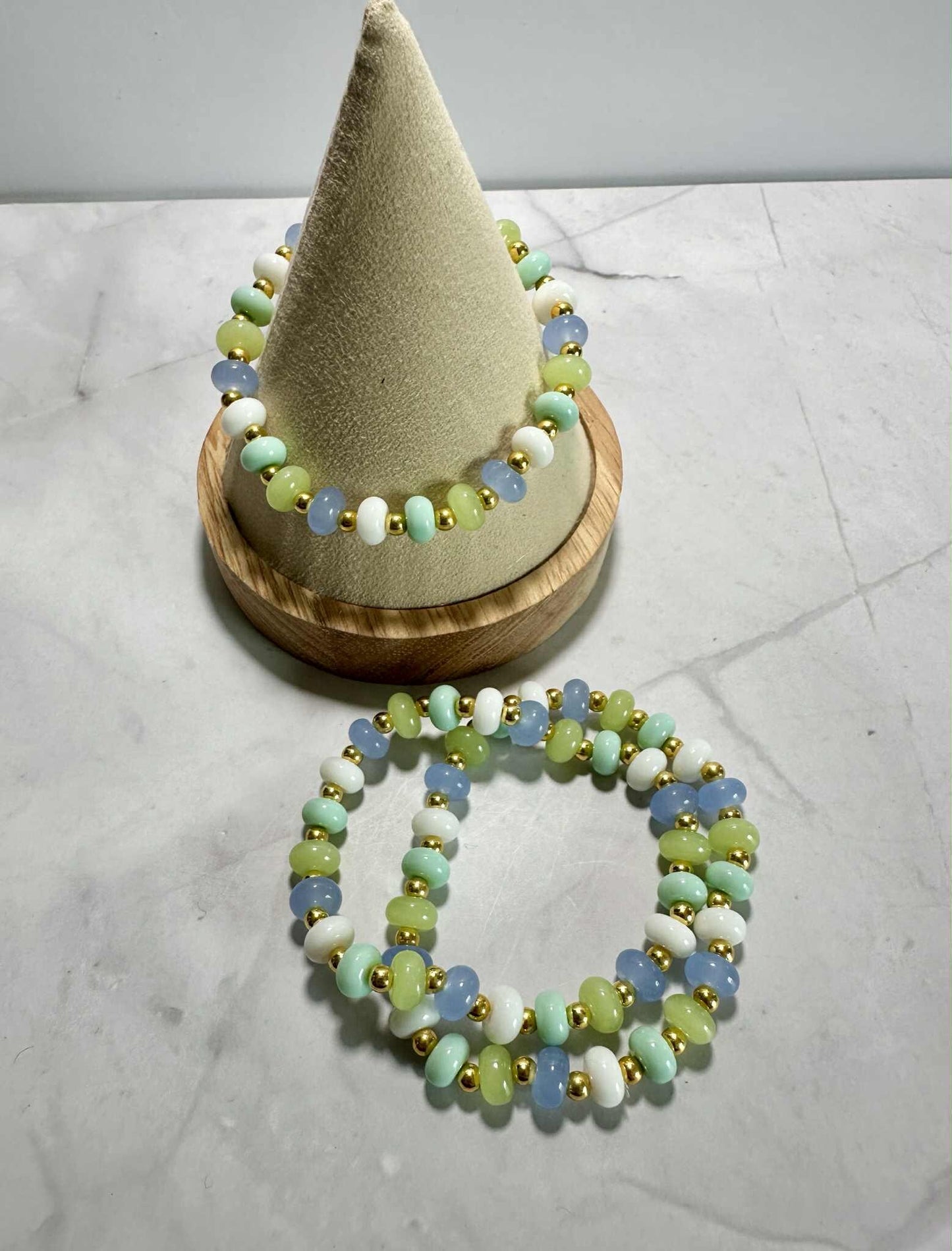 Single Strand Seafoam Glass Beaded Stretch Bracelet: Gold Accents, Stackable Jewelry