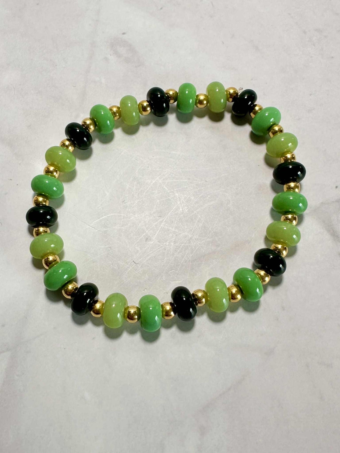 Jade Glass Beaded Stretch Bracelet: Gold Accents, Stackable Jewelry