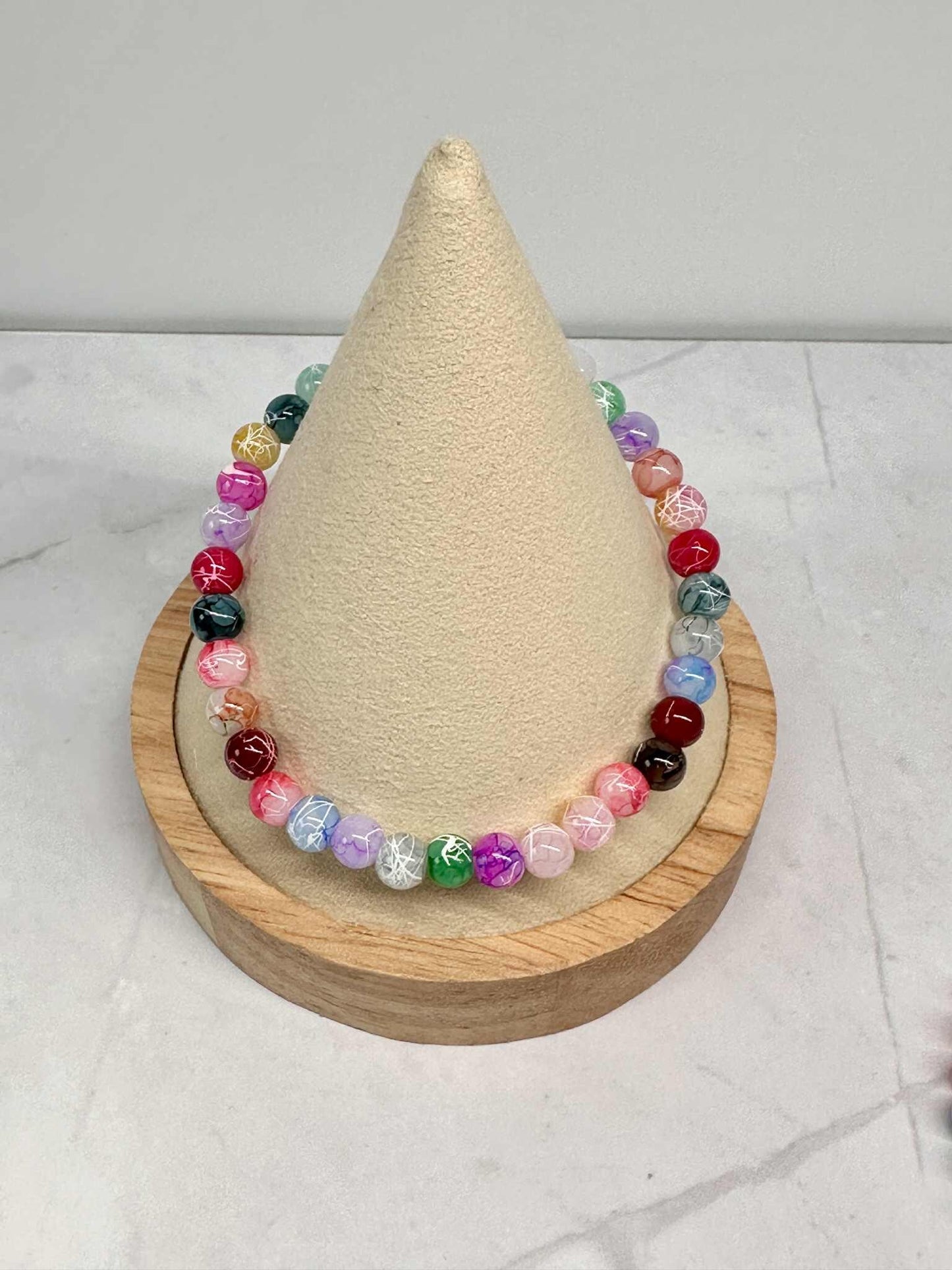 Single Strand Multi Color Crackle Glass Beaded Stretch Bracelet