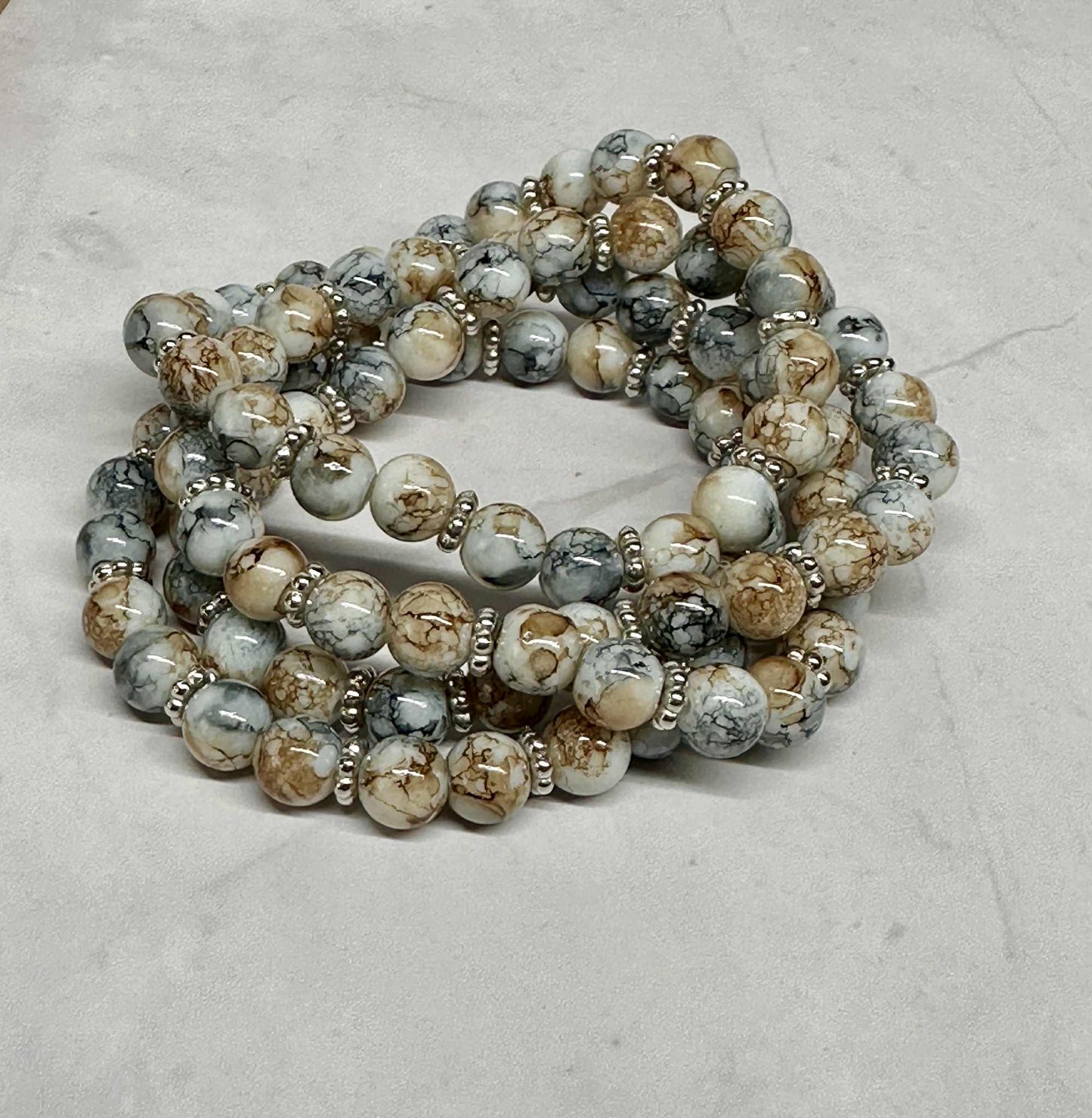Brown and Gray Marble Glass Beaded Stretch Bracelet