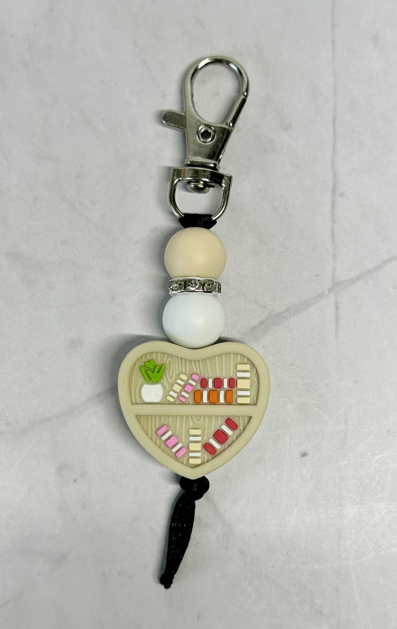 Cream Heart Bookshelf Keychain, Silicone Bead Keychain, Zipper Pull