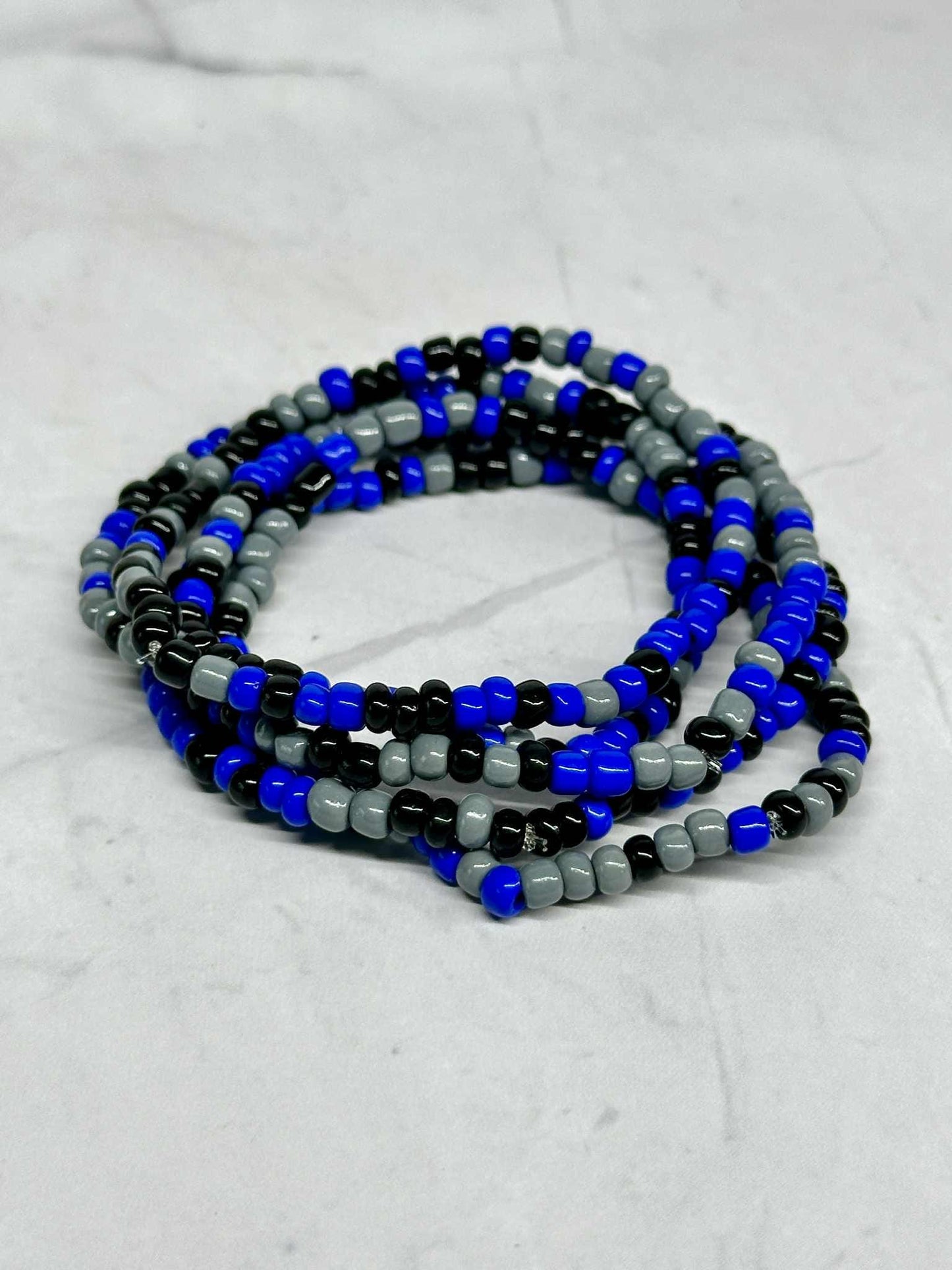 Single Strand Royal Blue, Black, and Gray Seed Bead Stretch Bracelet