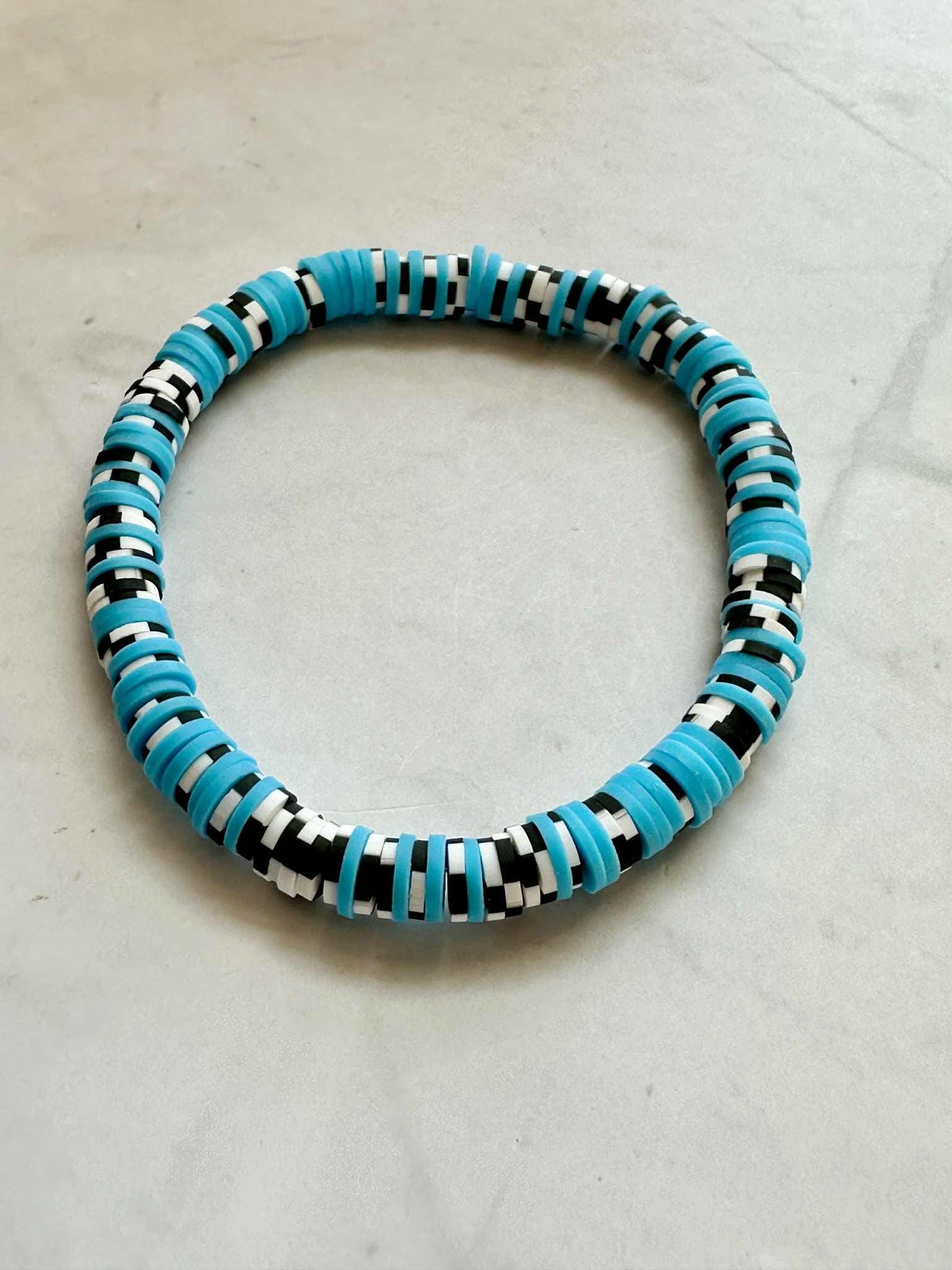 Single Strand Blue with Black & White Checkered Clay Stretch Bracelet