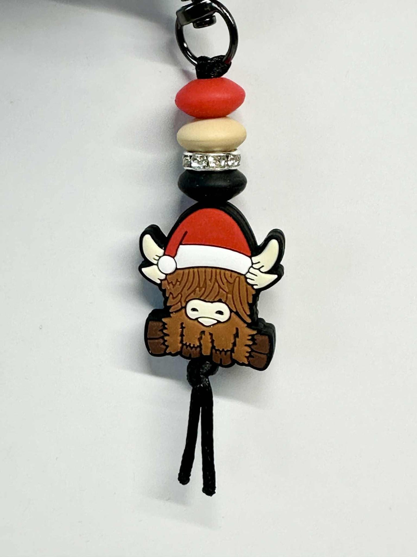 Christmas Highland Cow Keychain, Silicone Bead Keychain, Zipper Pull