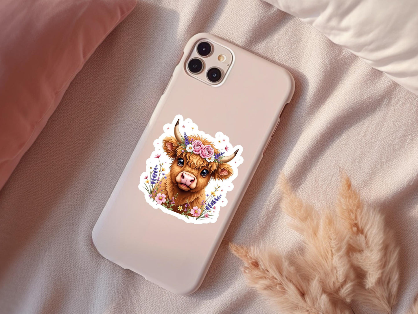Highland Cow With Pink and Purple Flowers Sticker