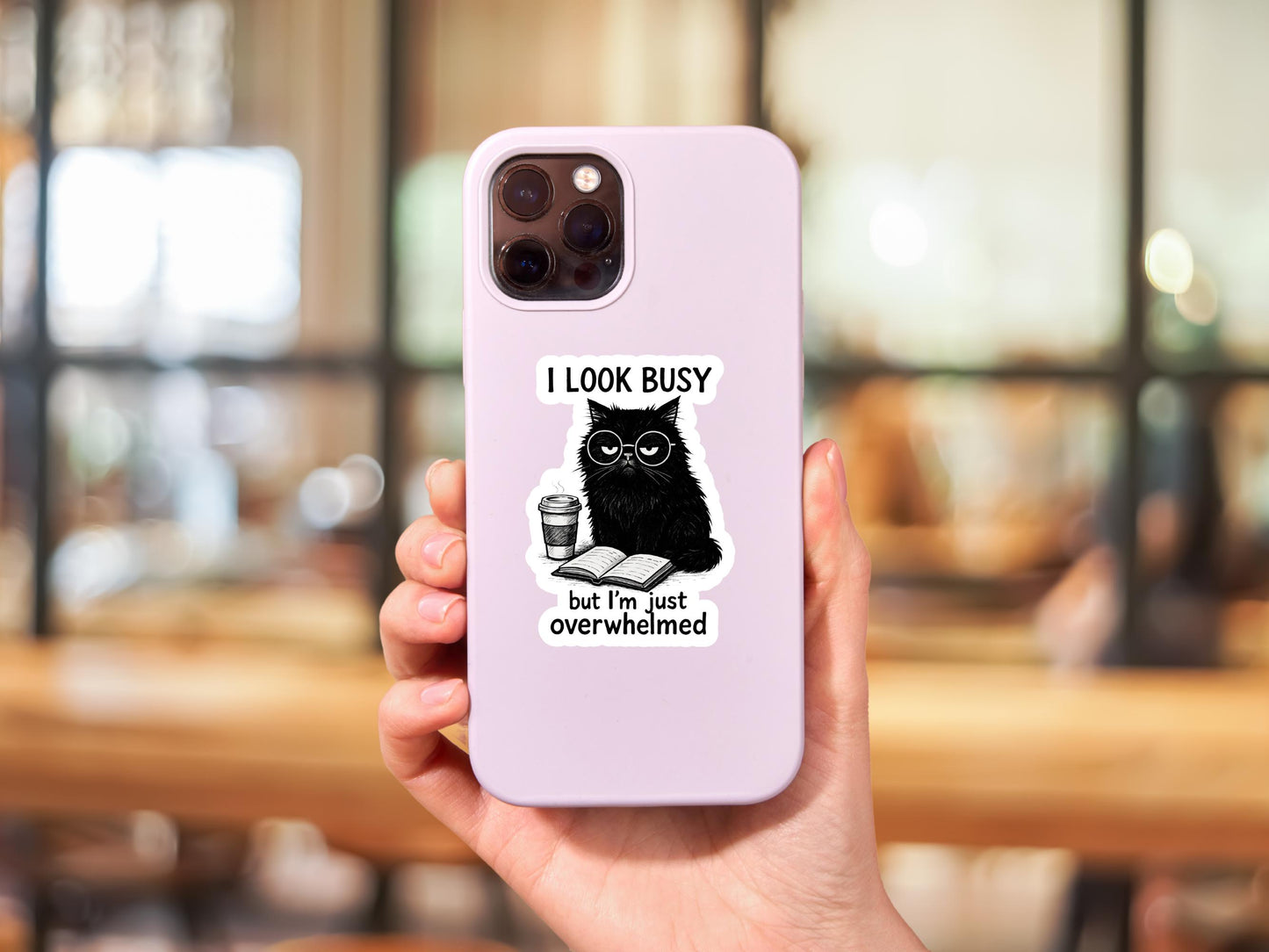 I Look Busy But I'm Just Overwhelmed Black Cat Sticker