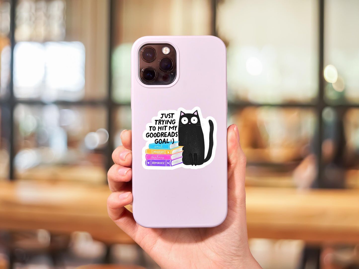 Just Trying To Hit My Goodreads Goal Black Cat Sticker