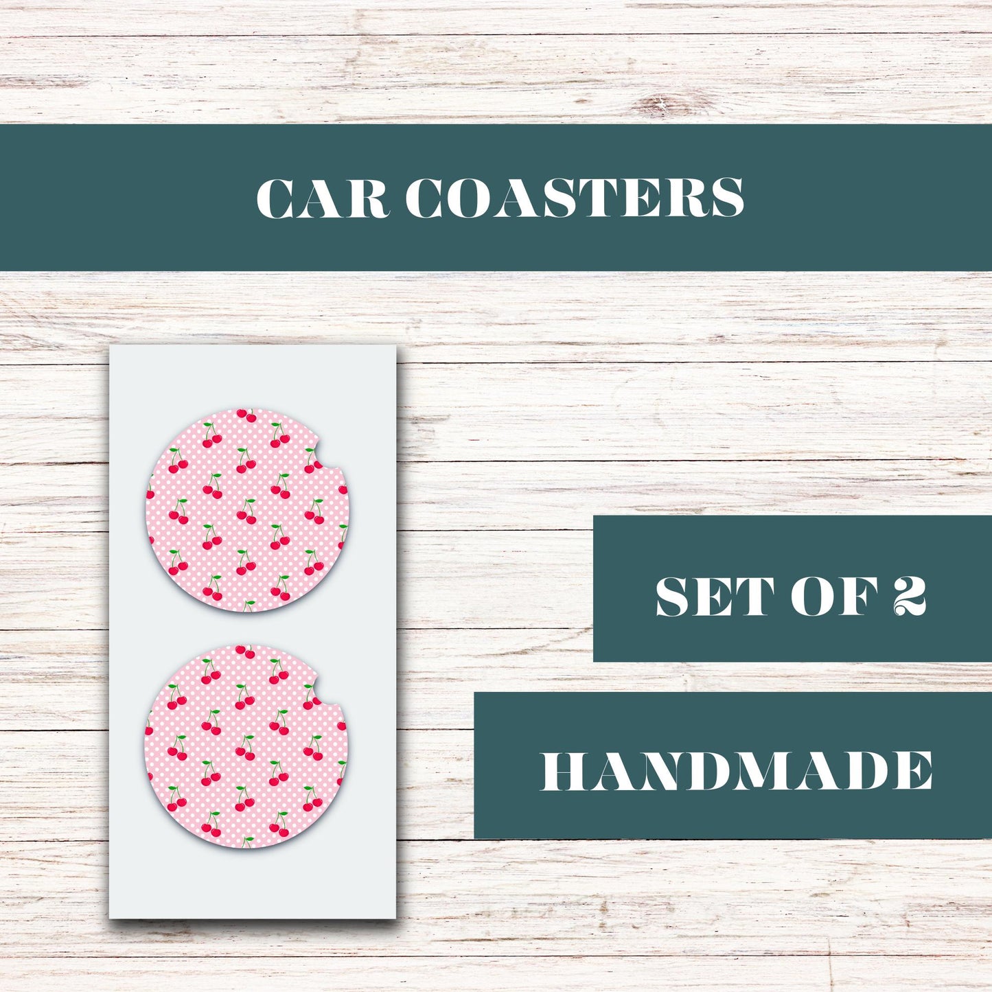 Cherries With Pink And White Dots Neoprene Car Coaster