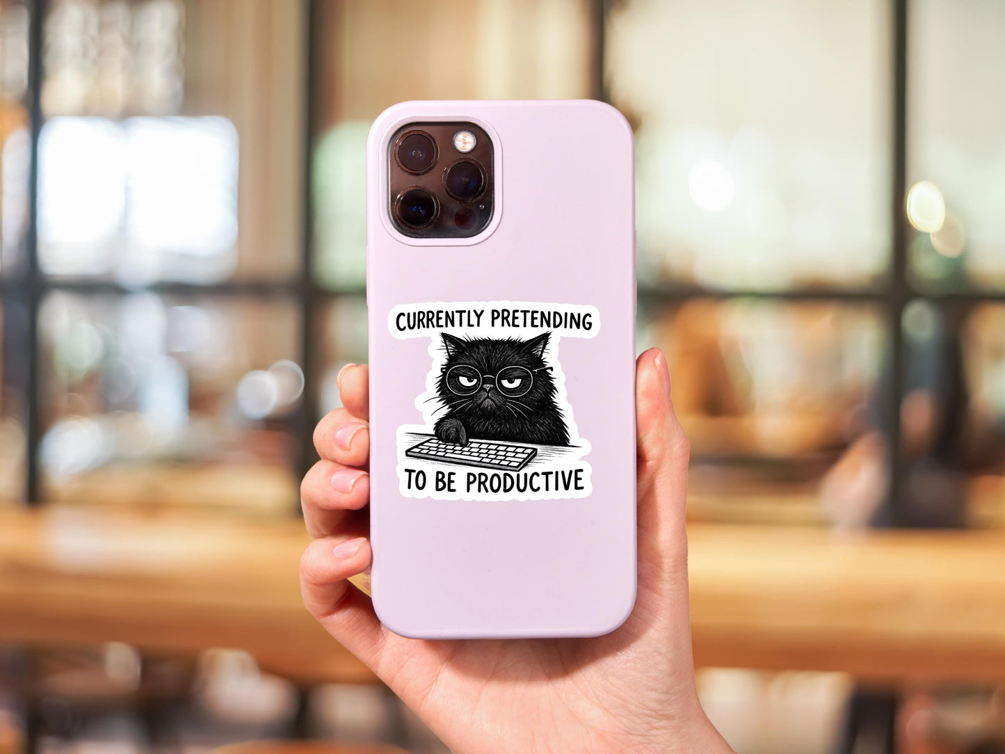 currently Pretending To Be Productive Black Cat Sticker