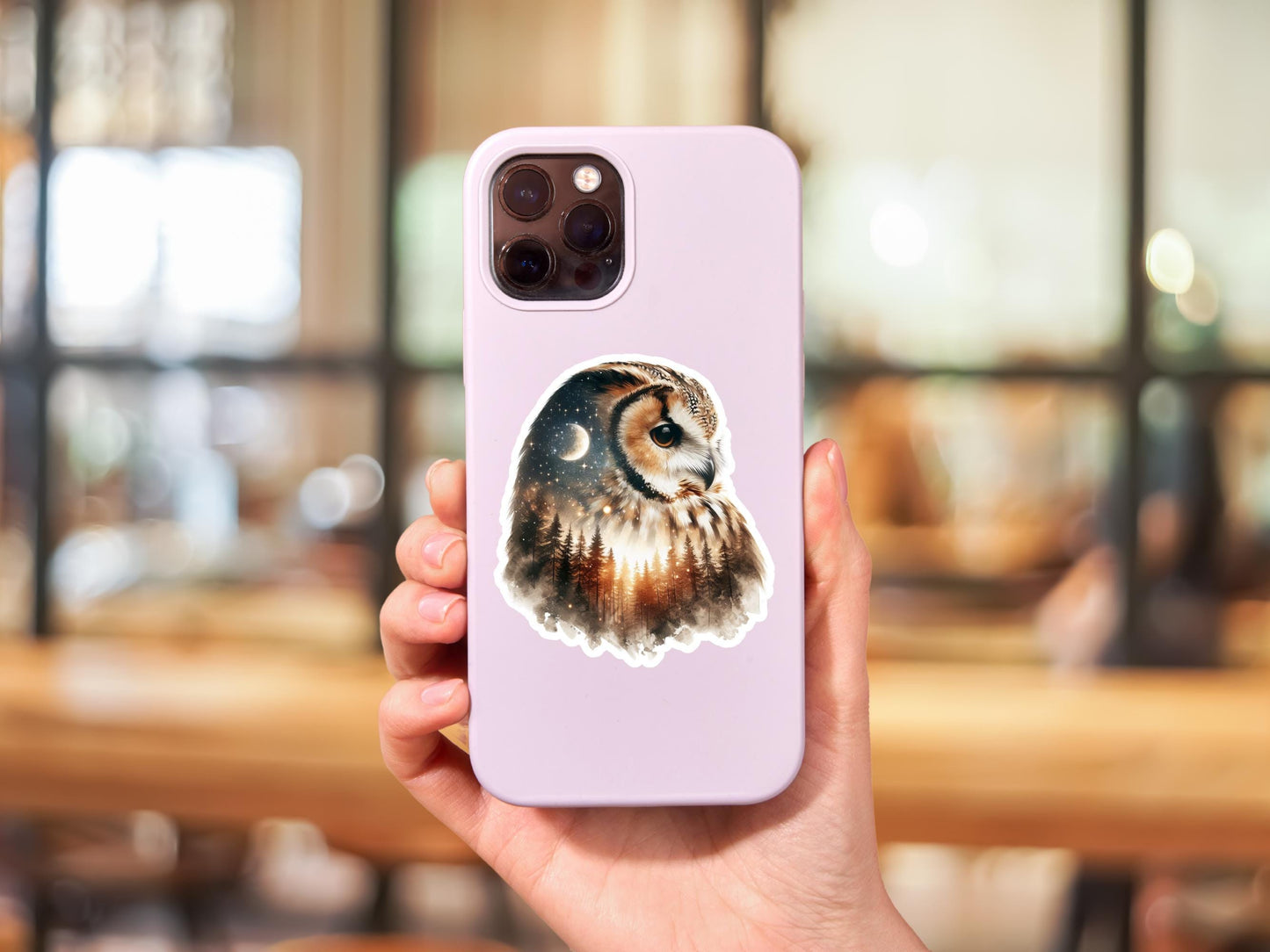 Owl And Forest River Double Image Watercolor Sticker