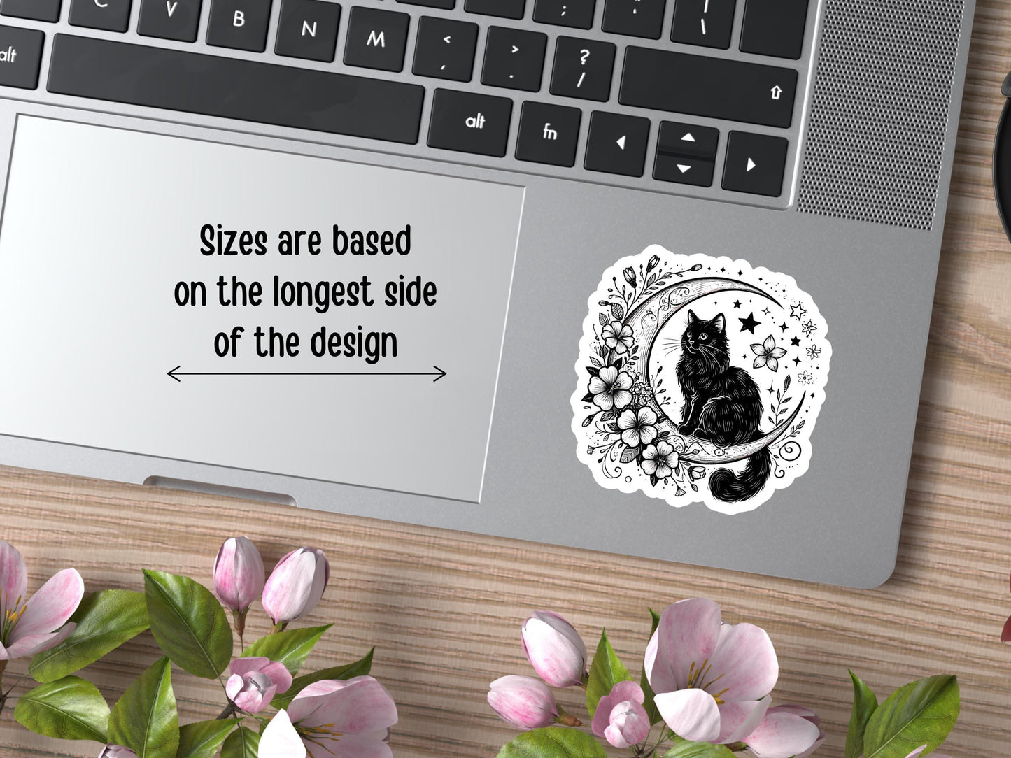 Black Cat Sitting On Moon With Flowers Sticker