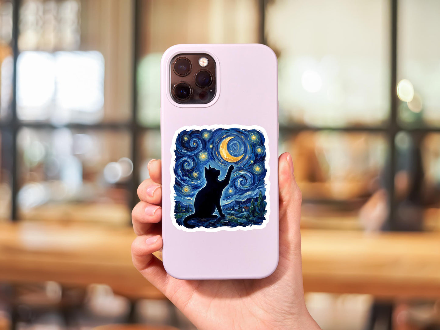 Starry Night Sky And Moon Black Cat Sticker