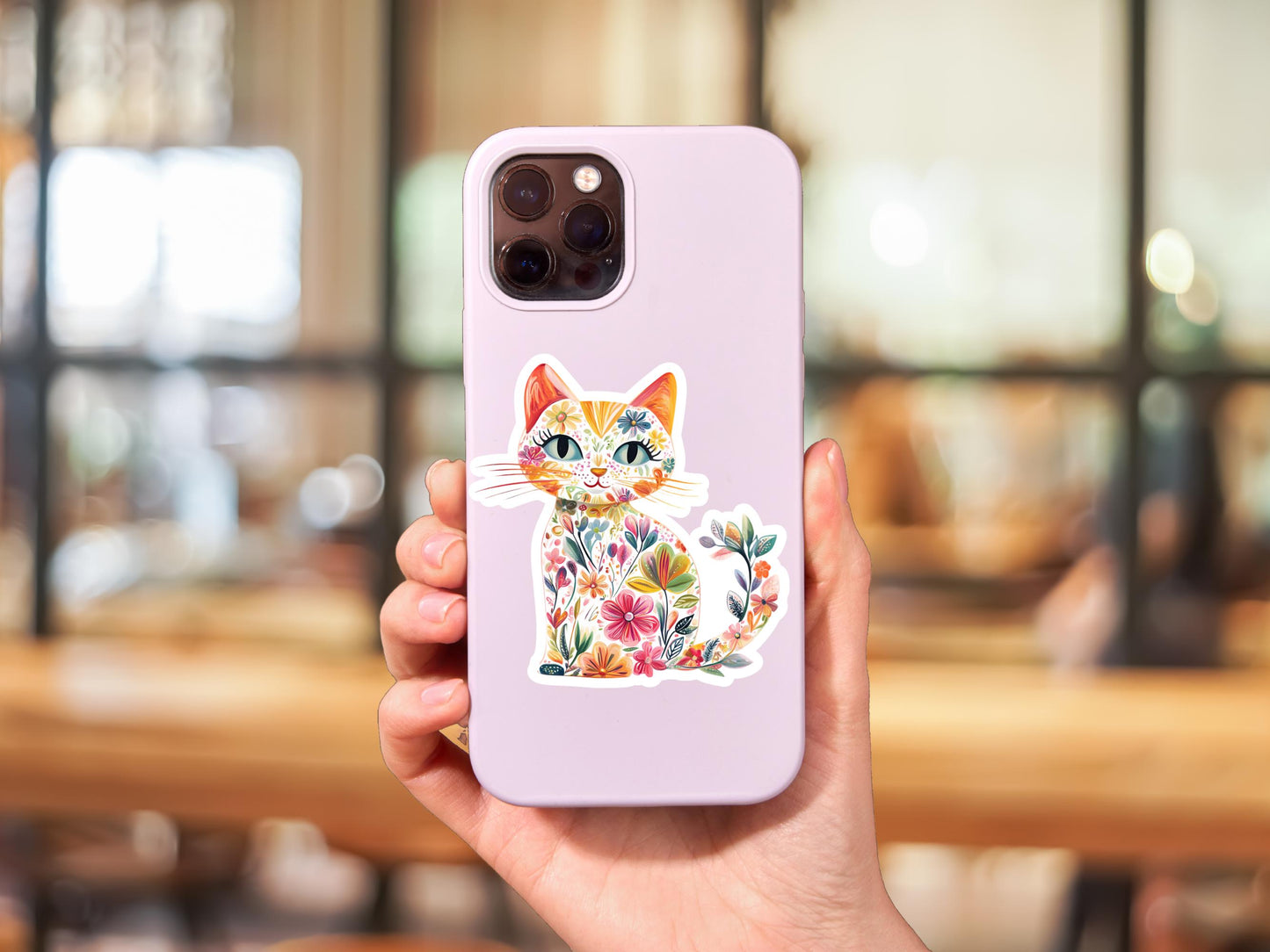 White Cat With Flowers Sticker