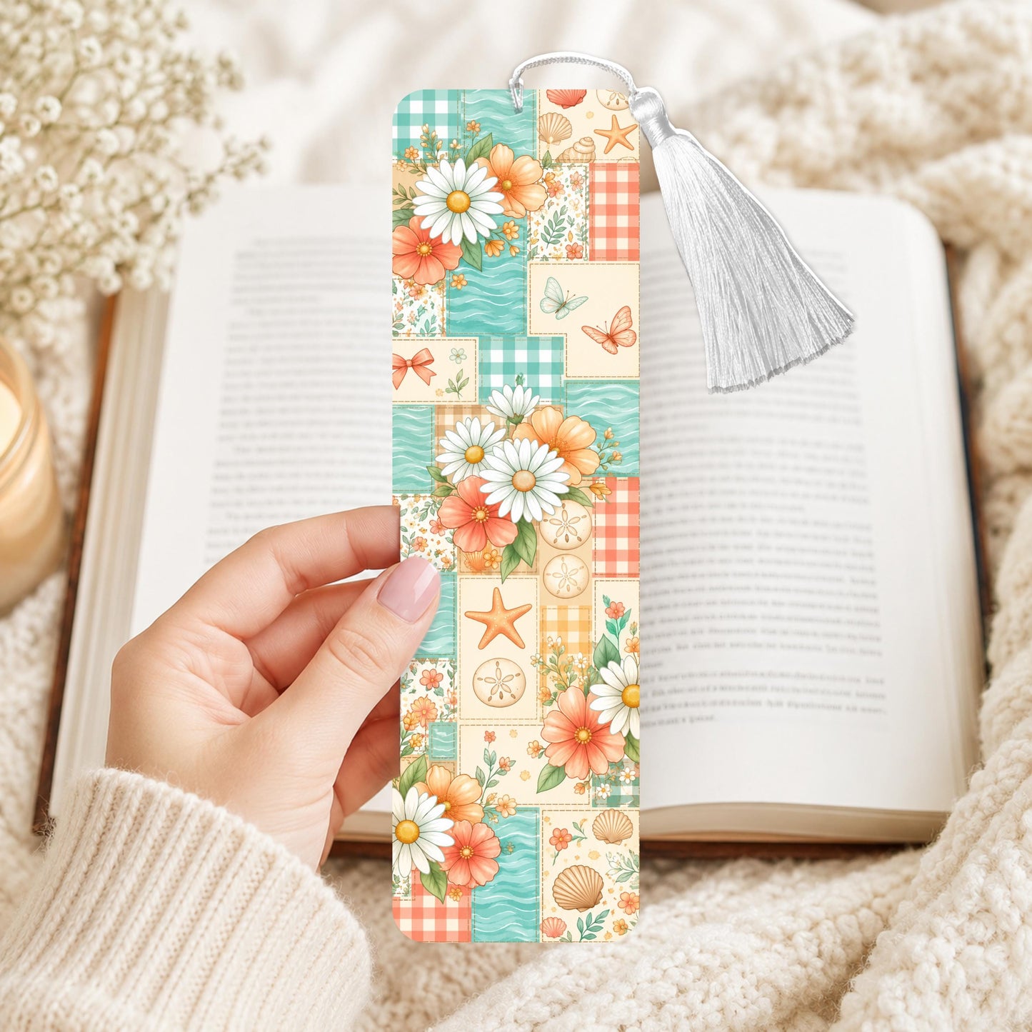 Seashell And Flower Patchwork Aluminum Bookmark