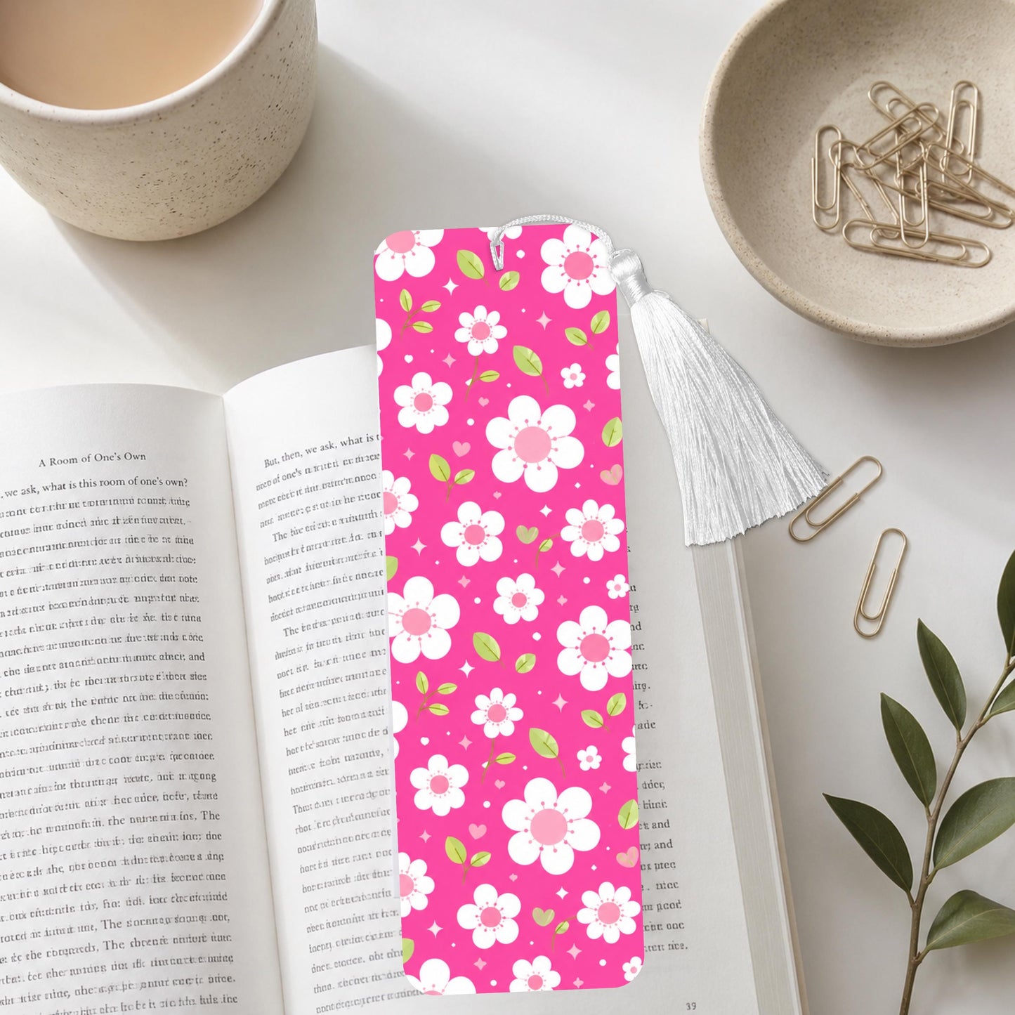 Pink And White Floral Aluminum Bookmark